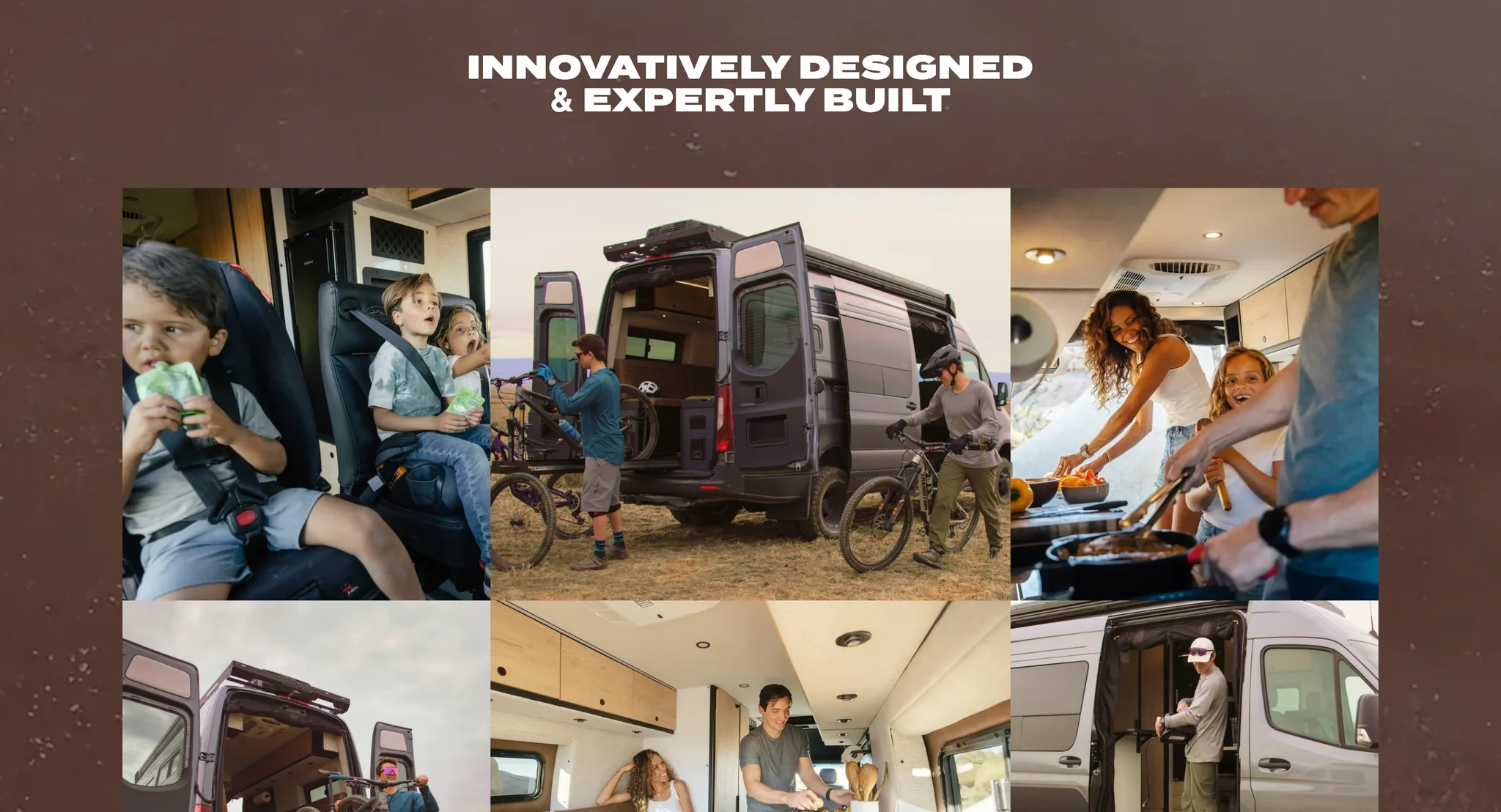 Innovatively Designed and Expertly Built masonry gallery of families using the Crew MODE XL: kids in seats, bikes at the rear doors, cooking in the galley