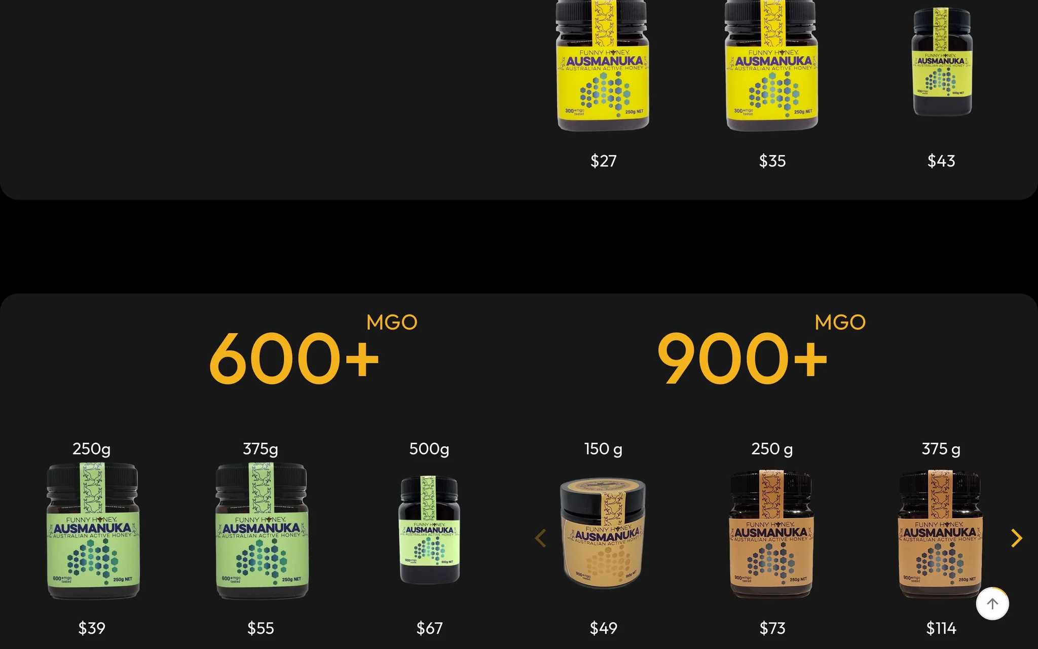 Ausmanuka homepage section listing 600+ and 900+ MGO Manuka honey jars by size with prices.