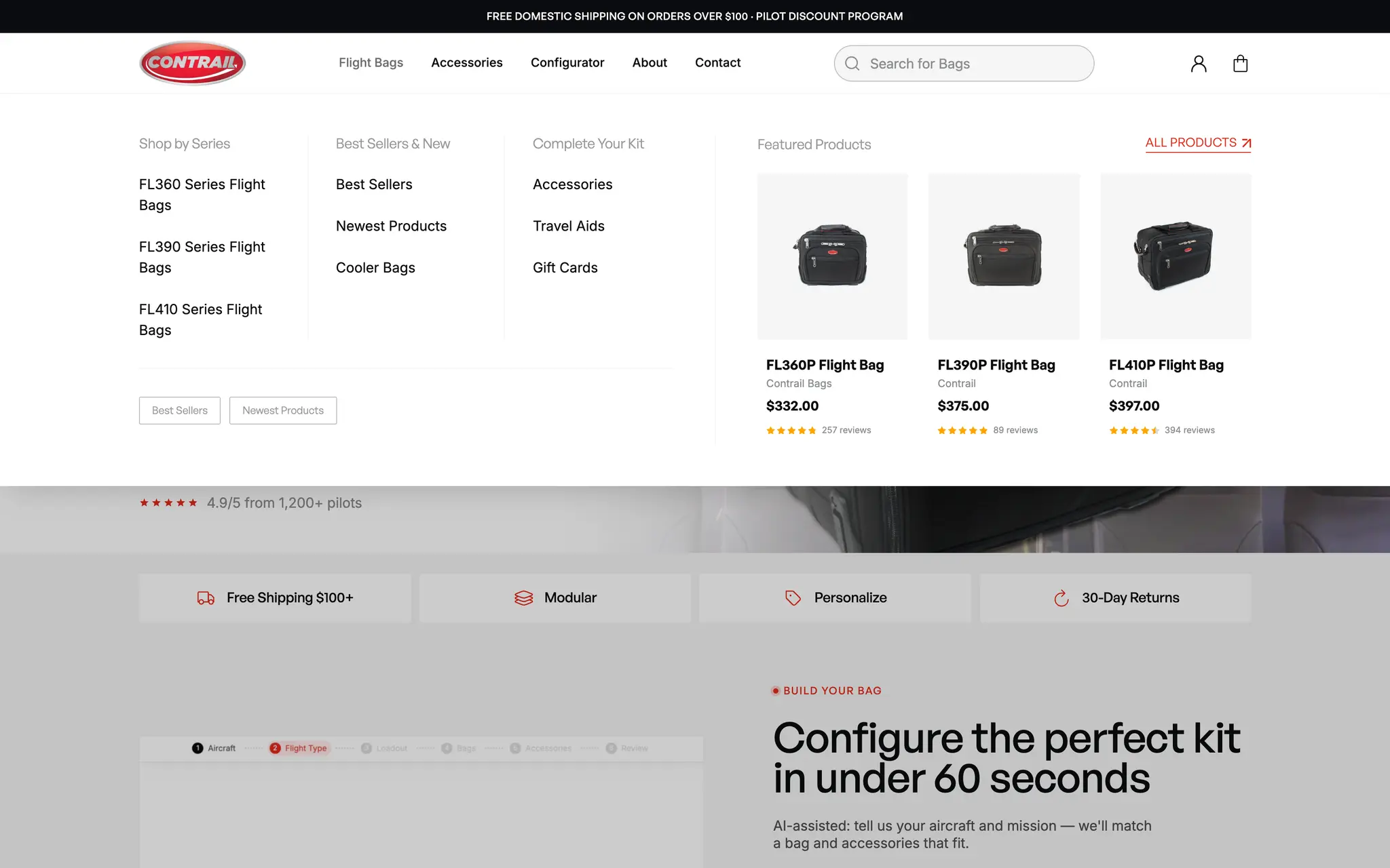 Contrail Bags mega menu open under Flight Bags, showing the FL360, FL390 and FL410 series, best sellers and accessories, plus three featured flight bags with prices and reviews.
