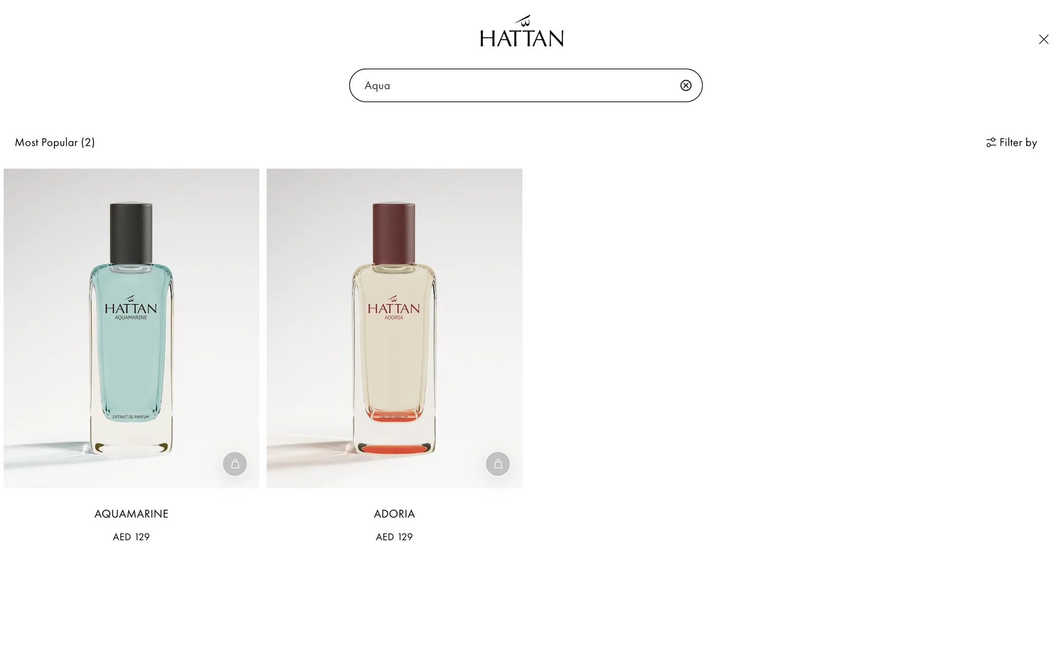 Search for "Aqua" showing Aquamarine and Adoria as product cards with AED prices, under the HATTAN logo