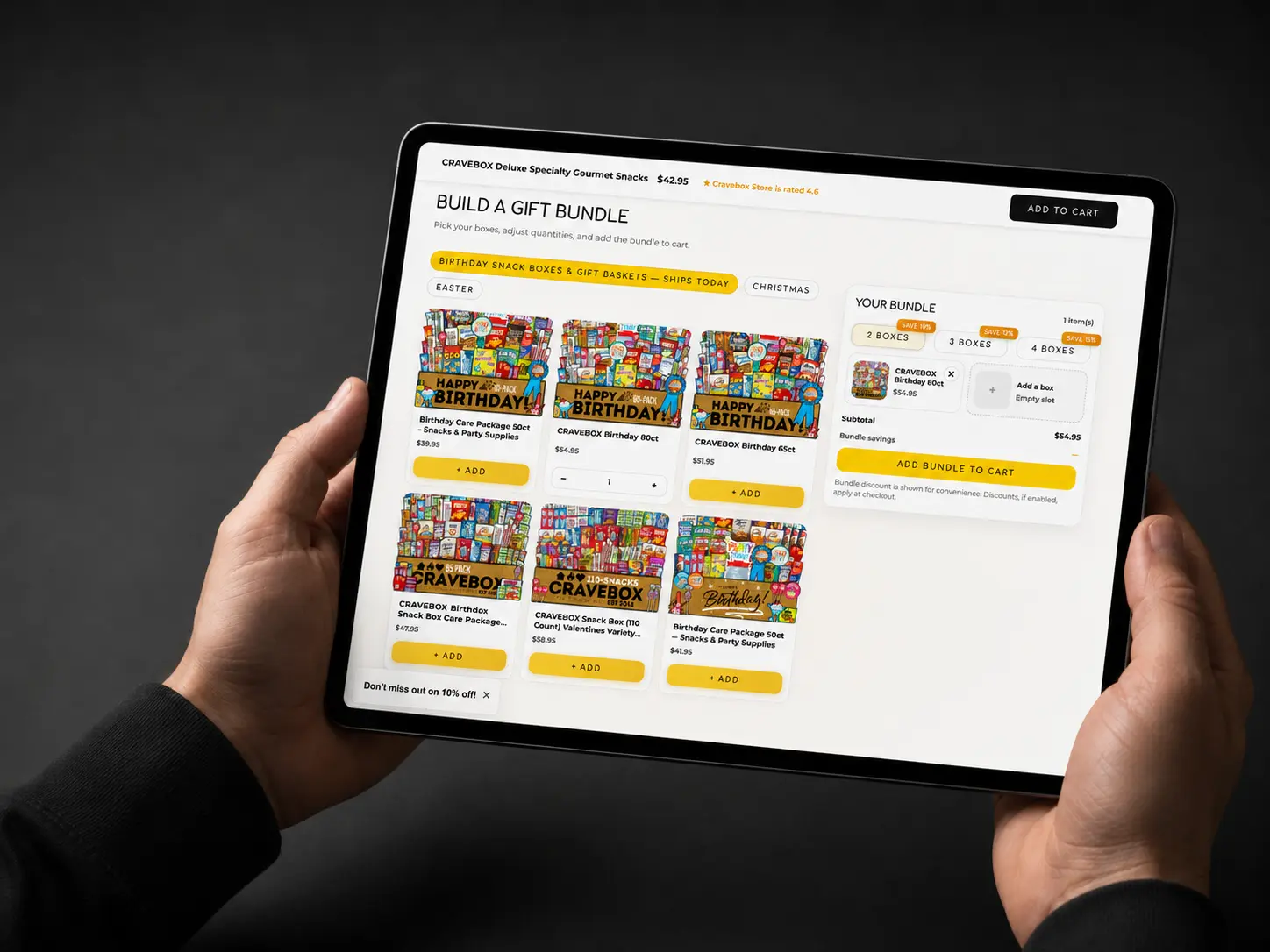 CraveBox gifting storefront shown on a desktop mockup, built by EVDEV on Shopify
