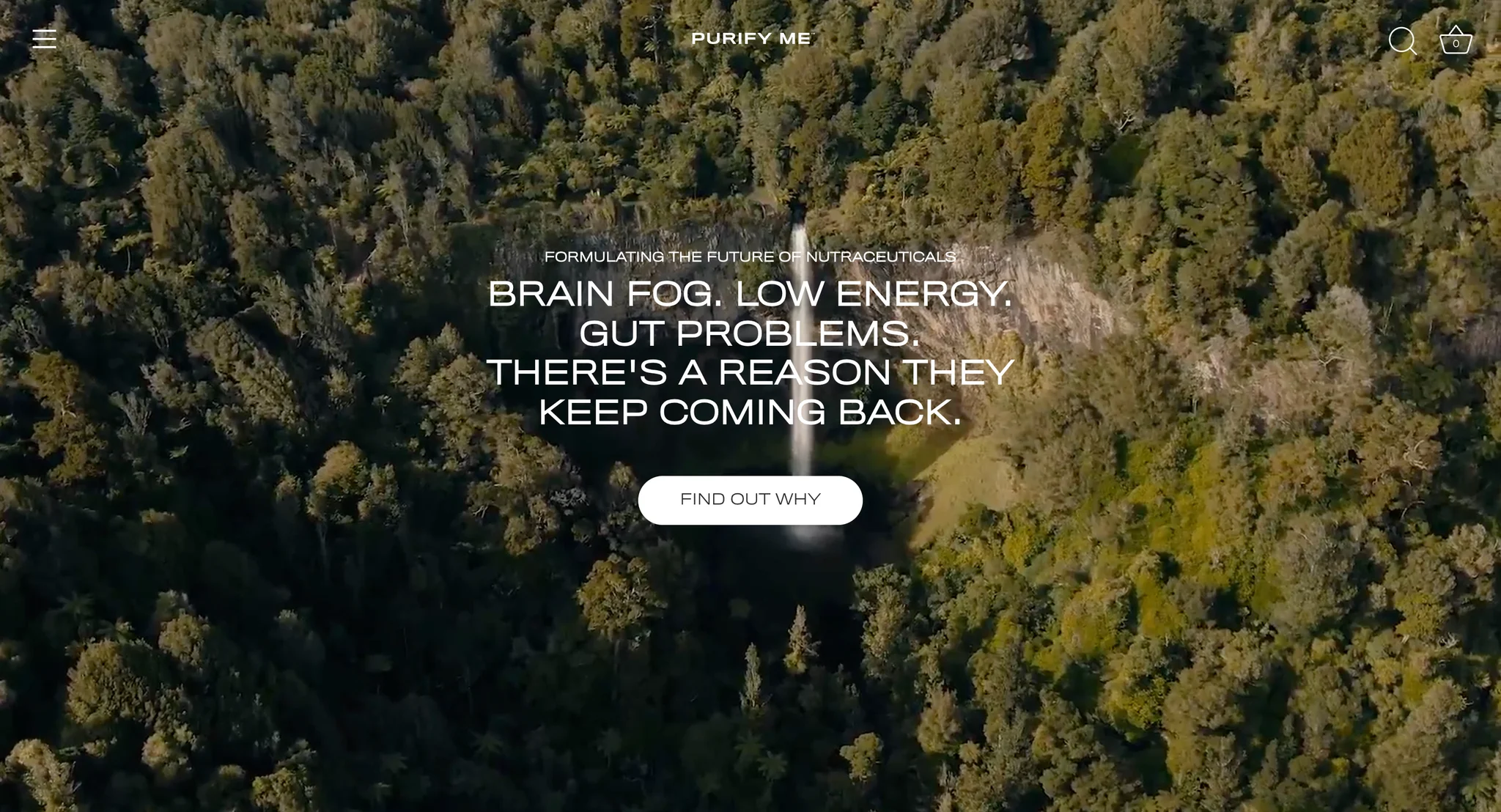 Purify Me homepage hero with the headline "Brain fog. Low energy. Gut problems. There's a reason they keep coming back." over aerial video of a waterfall in a forest