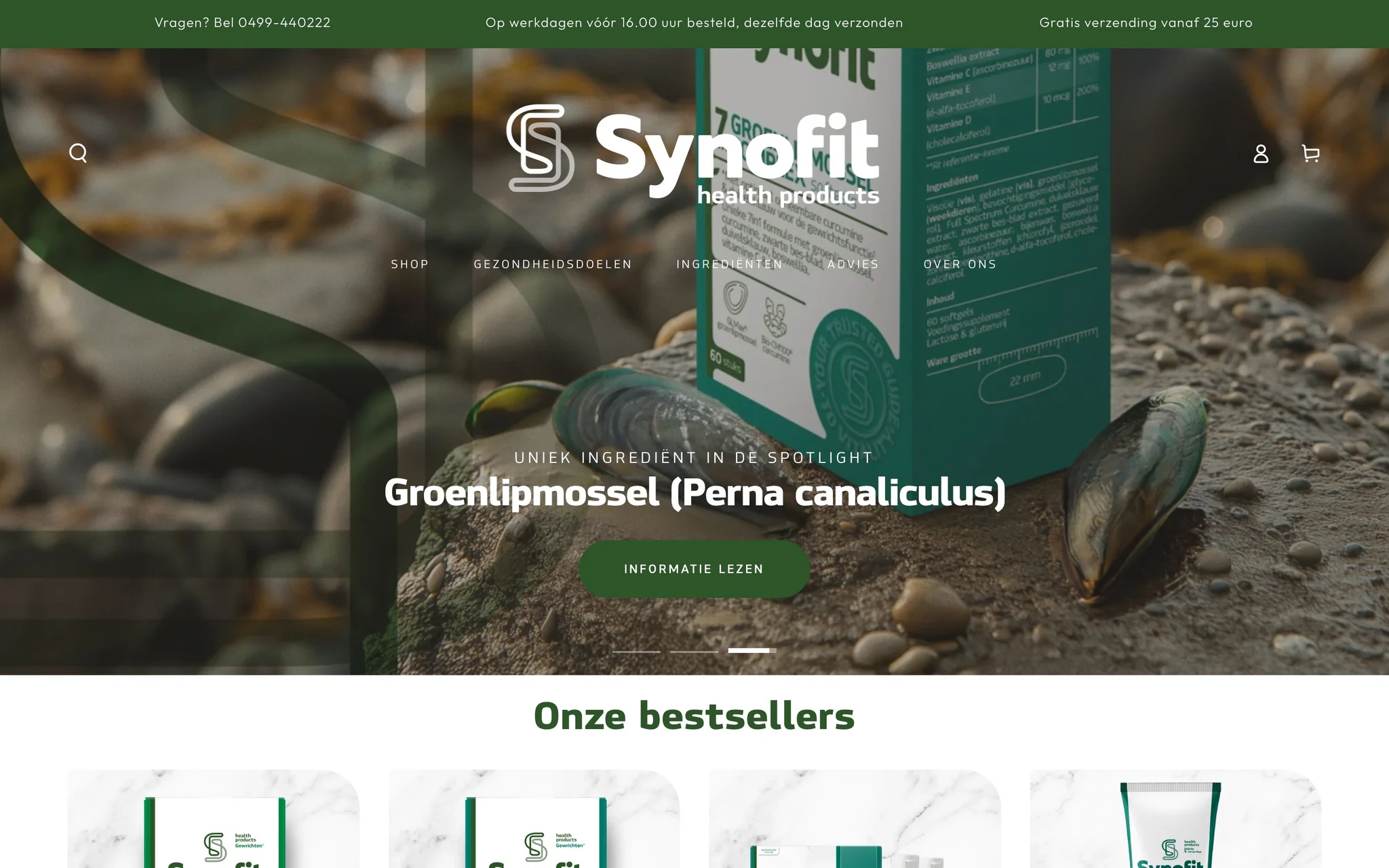 Synofit homepage hero with the Synofit health products logo over a green-lipped mussel product photo and the main navigation.