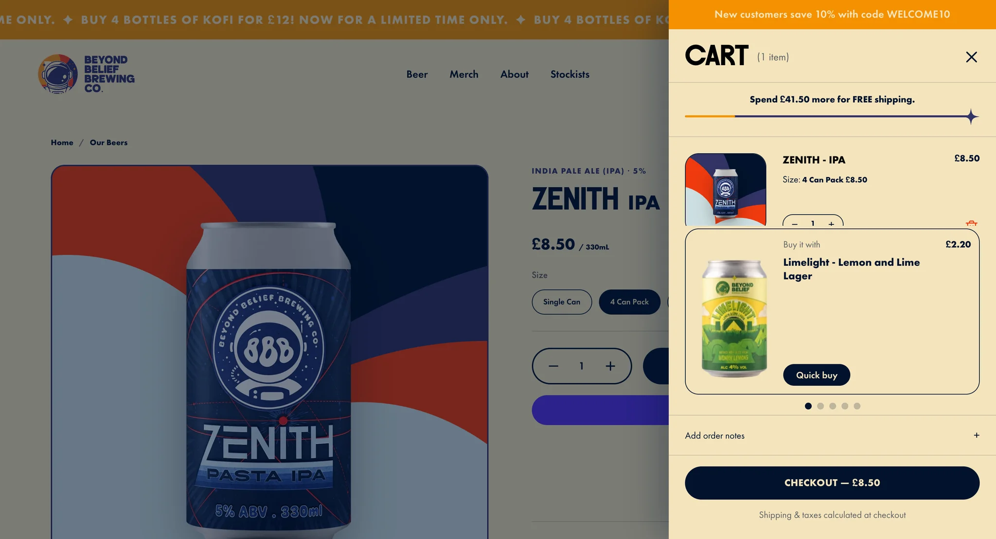 Slide cart with a 4 can pack of Zenith IPA, a free shipping progress bar and a "Buy it with" suggestion for Limelight