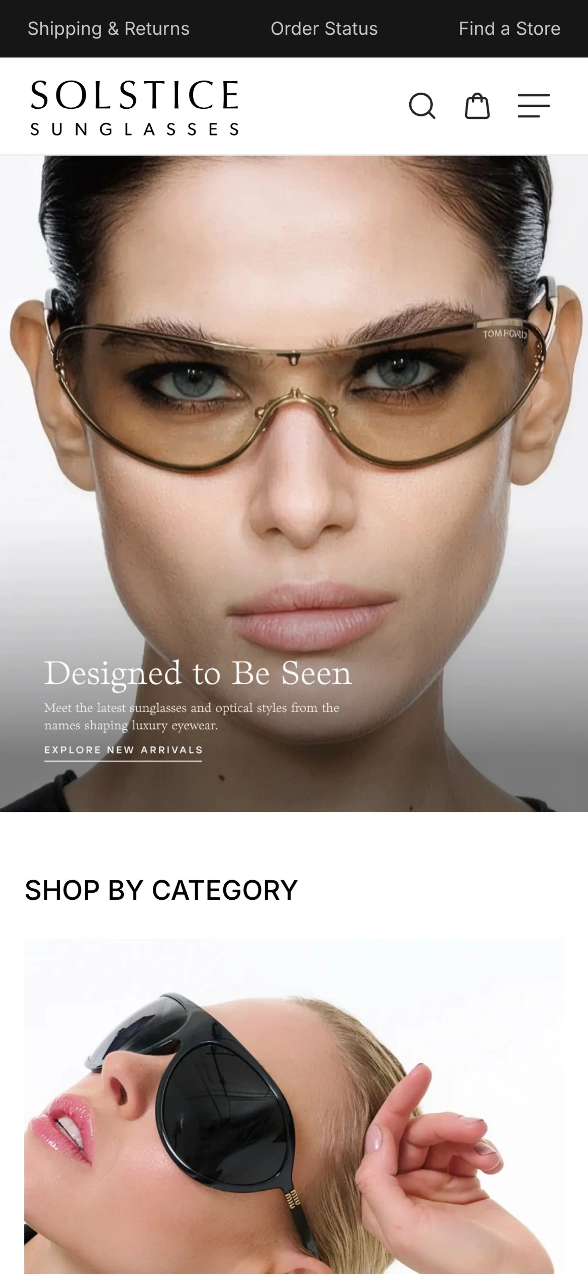 Solstice Sunglasses mobile homepage with the Designed to Be Seen hero and the start of the shop-by-category section.
