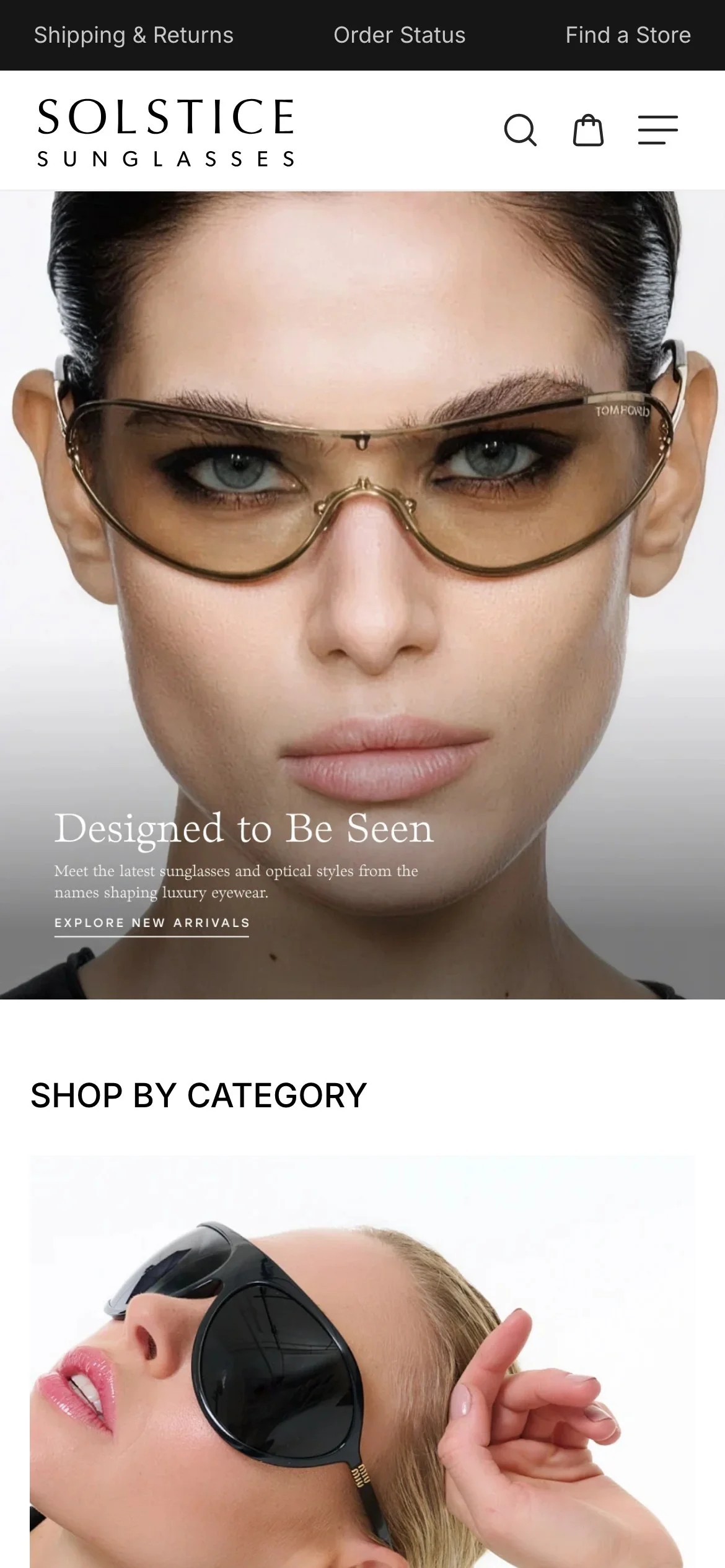 Solstice Sunglasses mobile homepage with the Designed to Be Seen hero and the start of the shop-by-category section.