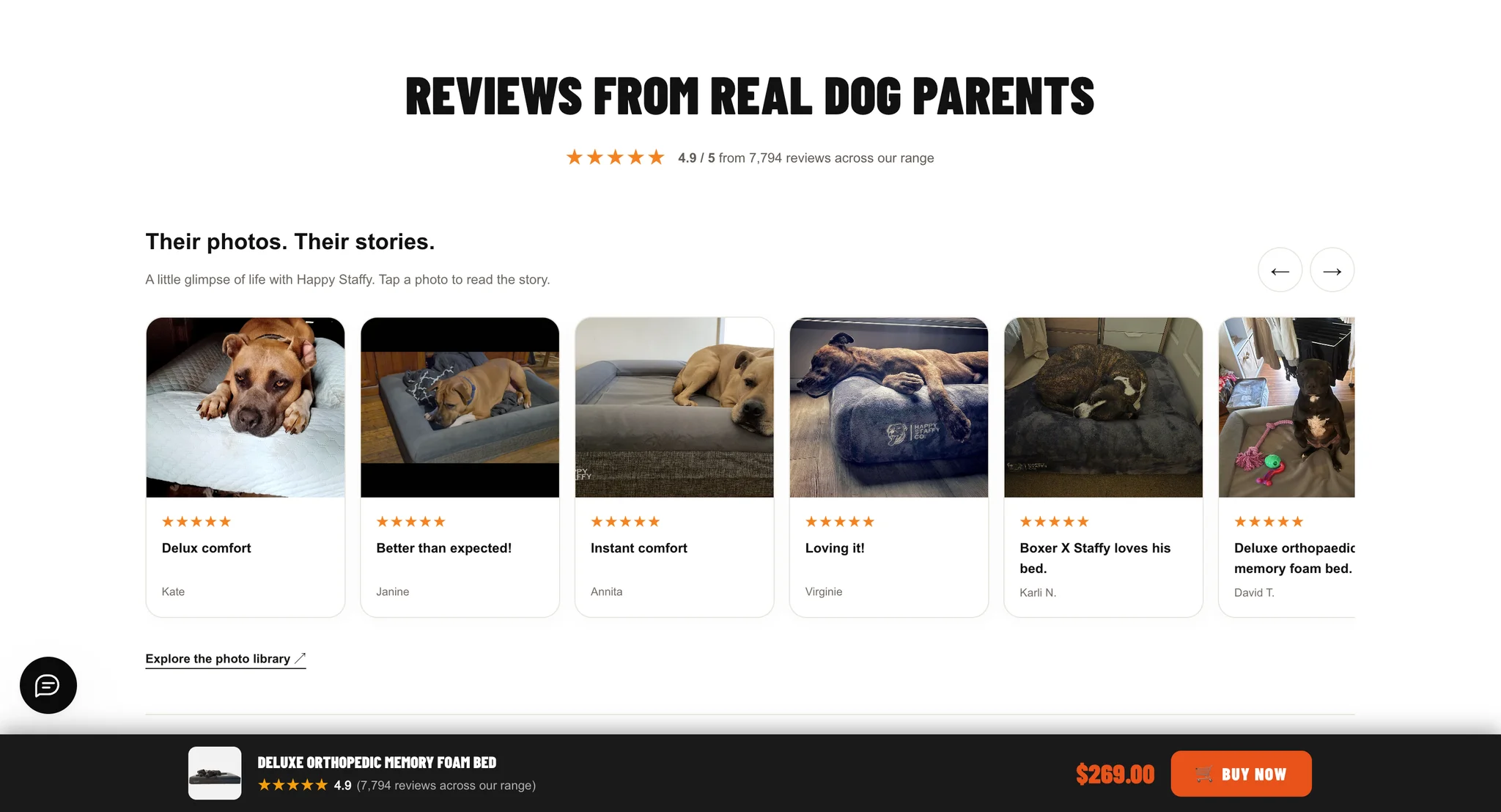 "Reviews from real dog parents" section with a row of customer photos of dogs on their beds, each with a five star rating and a short review title