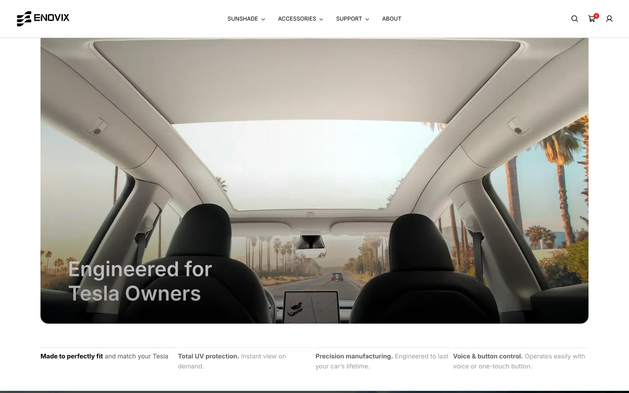 “Engineered for Tesla Owners” section on the Enovix homepage, showing the shade fitted across a Tesla glass roof above four claims covering fit, UV protection, manufacturing and controls.