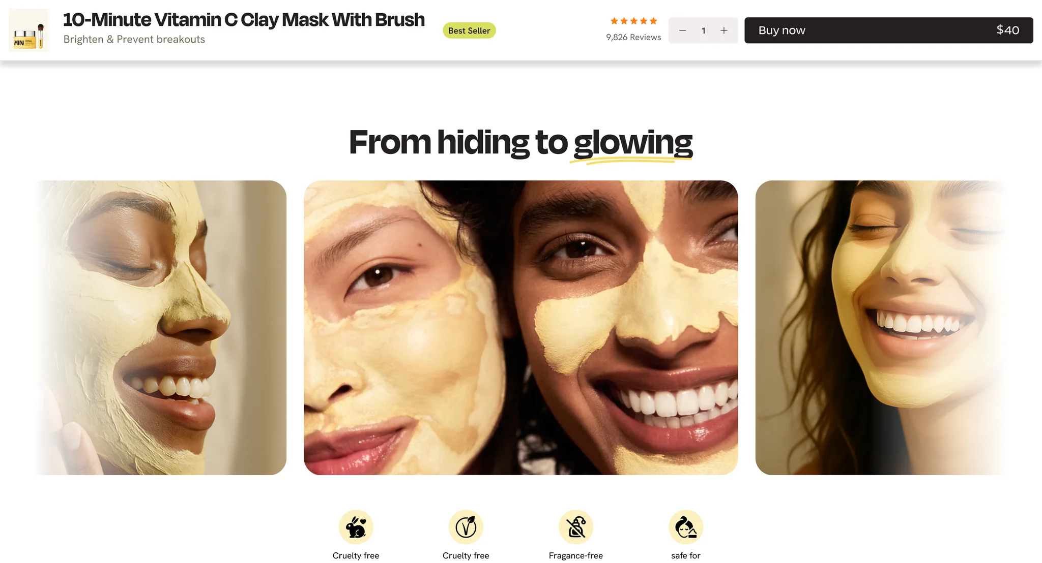 Sticky add to cart bar on the product page with the product name, rating, quantity stepper and a Buy now button, above the "From hiding to glowing" section