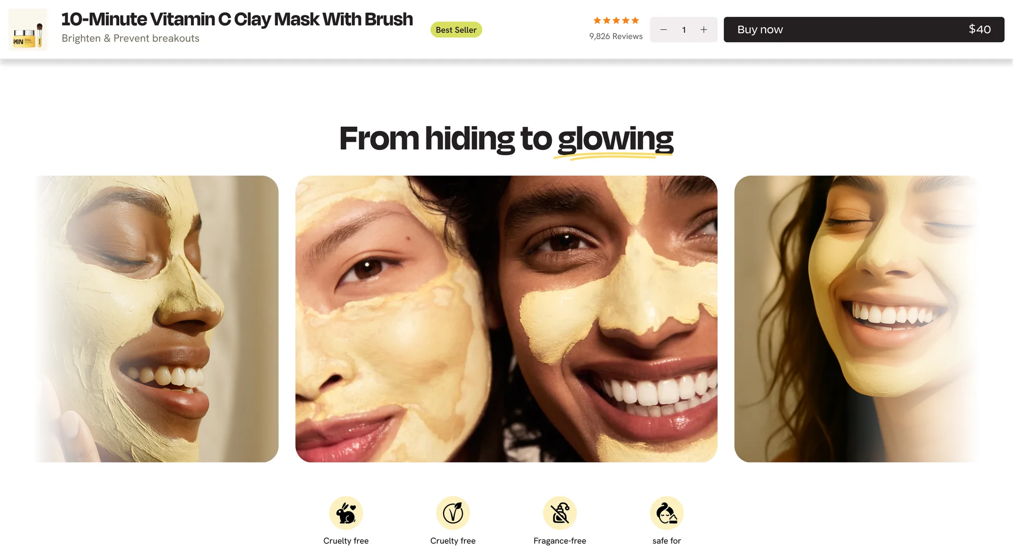 Sticky add to cart bar on the product page with the product name, rating, quantity stepper and a Buy now button, above the "From hiding to glowing" section