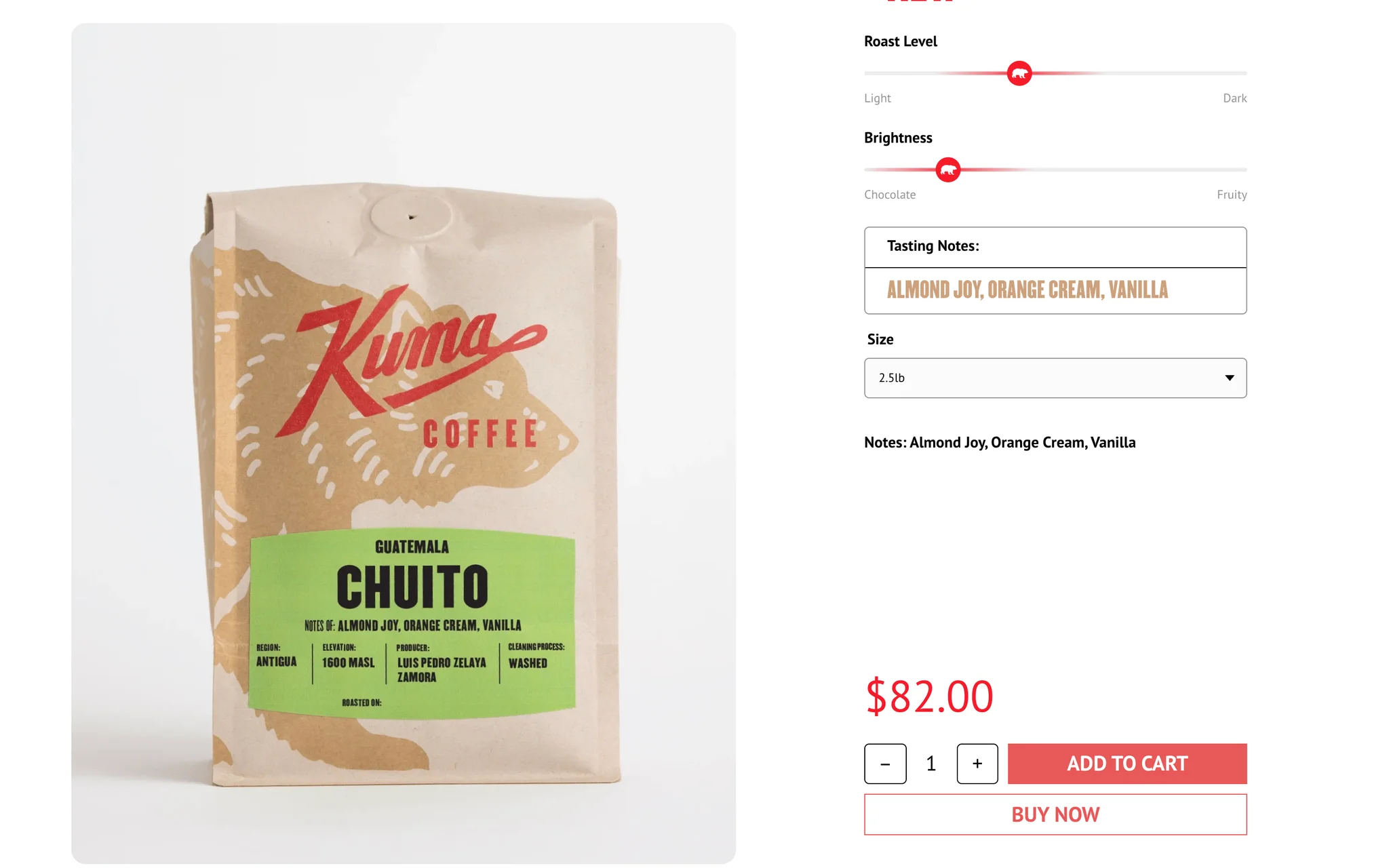 Featured coffee buy box with 2.5lb chosen in the Size dropdown and the price changed to $82.00 above the Add to Cart and Buy Now buttons