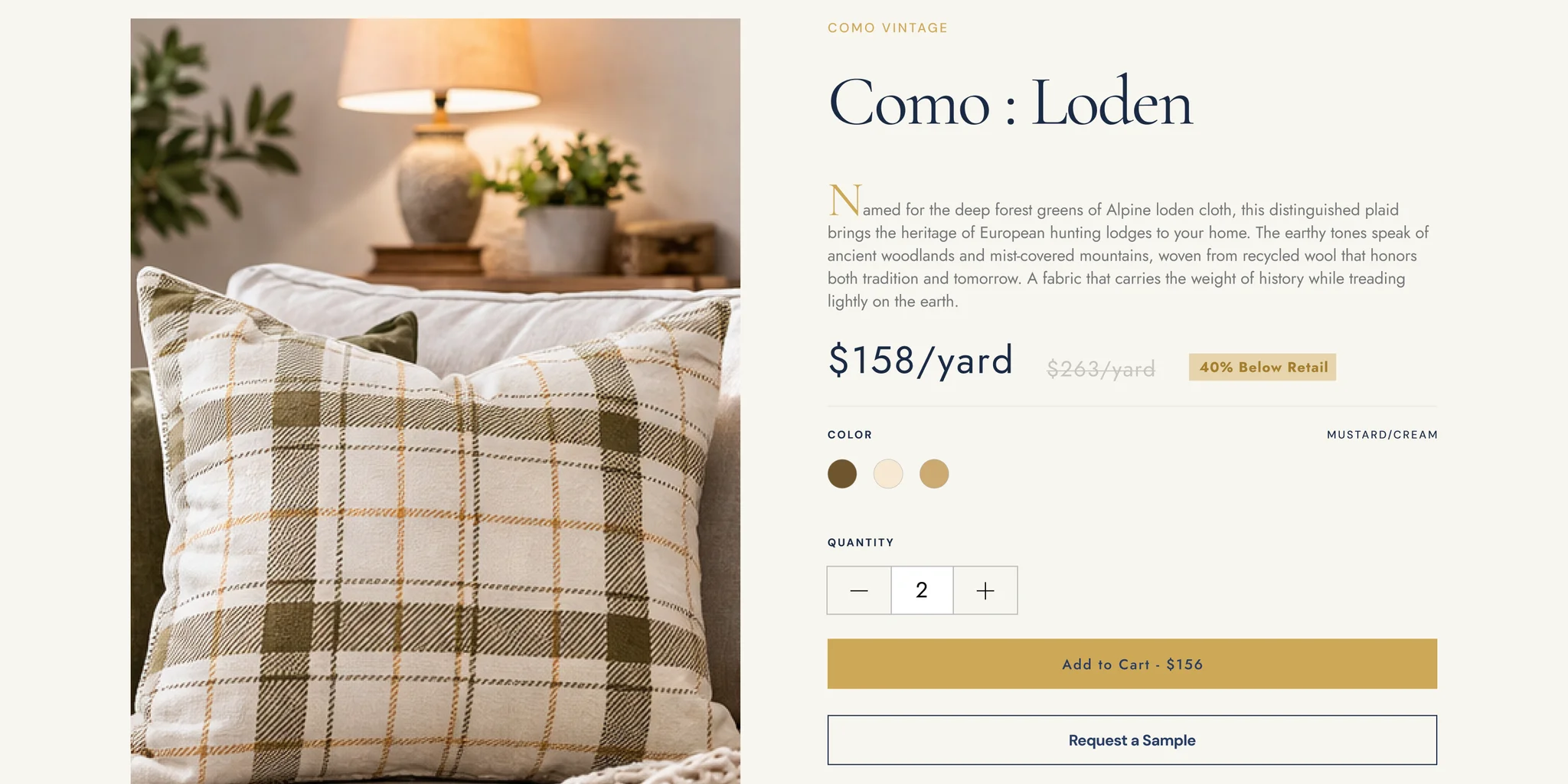 Product page design for "Como: Loden": a plaid pillow on a sofa under a lit lamp beside the buy box with a price per yard against a struck-through retail price, three colour swatches, a quantity stepper, a gold Add to Cart button and a Request a Sample button