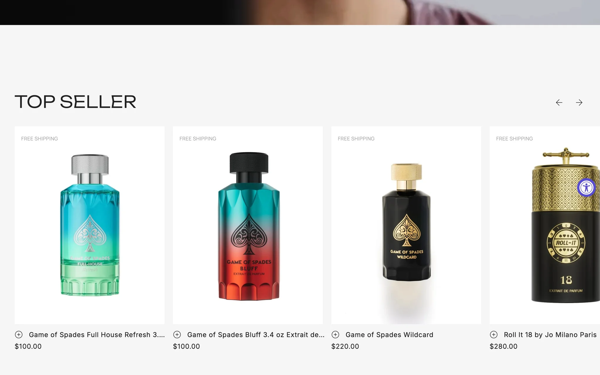 Jo Milano Paris Top Seller carousel showing Game of Spades and Roll It 18 perfume bottles with prices.