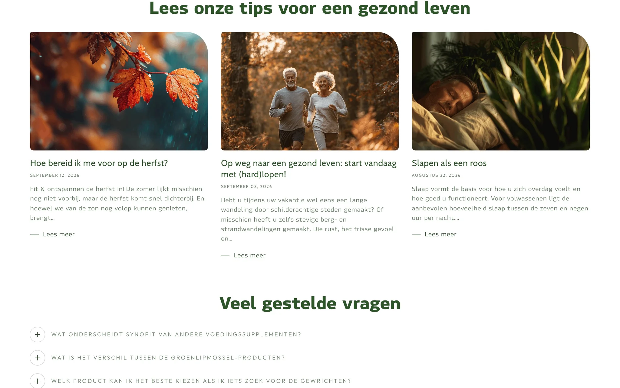 Synofit health tips blog cards with lifestyle photography above a frequently asked questions accordion.