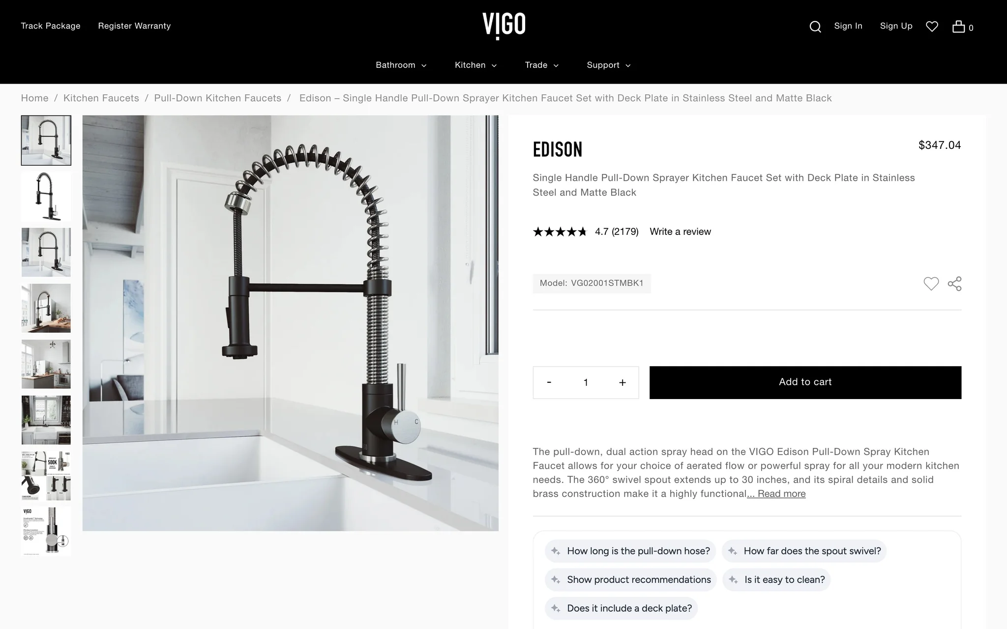 VIGO Edison pull-down kitchen faucet product page with image gallery, 4.7-star rating from 2,179 reviews, model number and AI question prompts.