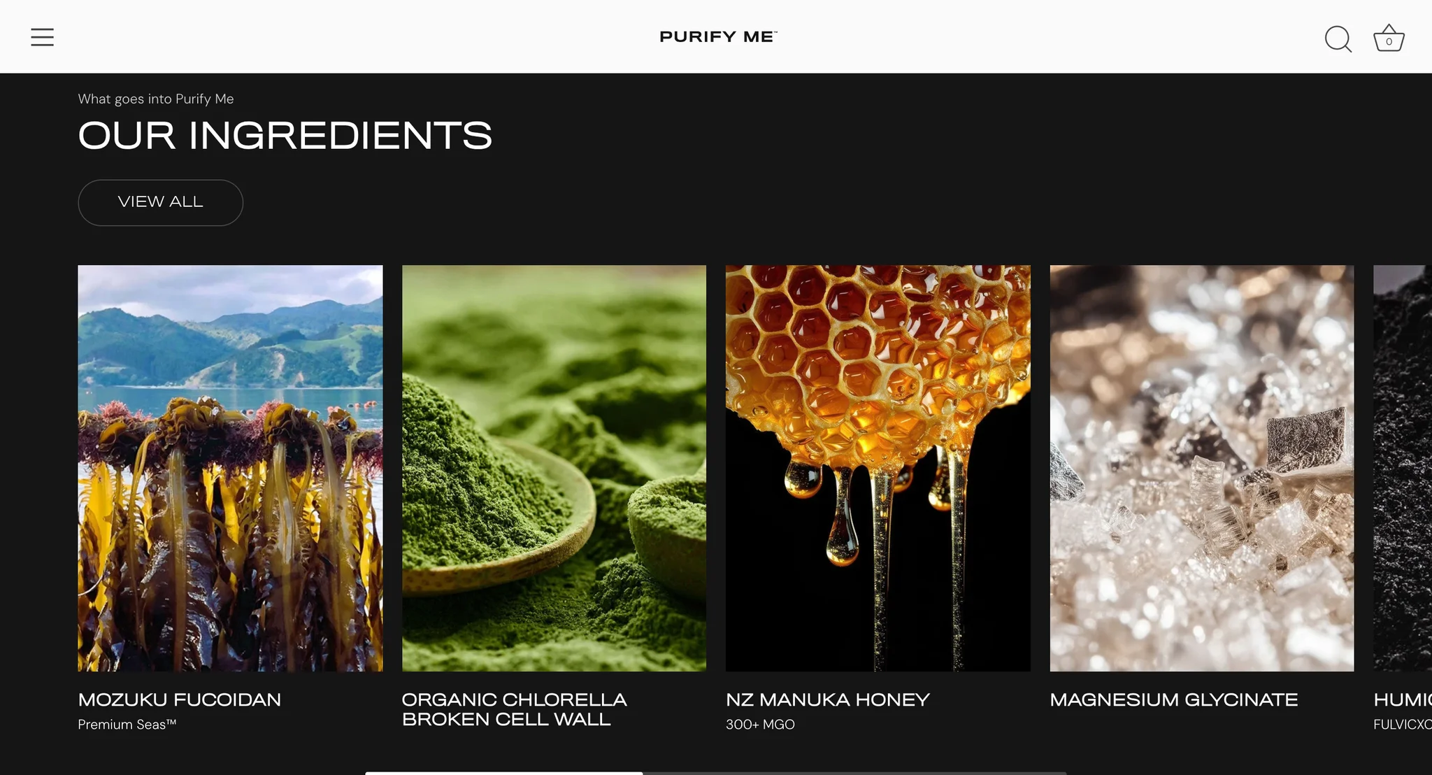"Our ingredients" carousel with photos of mozuku fucoidan, organic chlorella, NZ manuka honey and magnesium glycinate