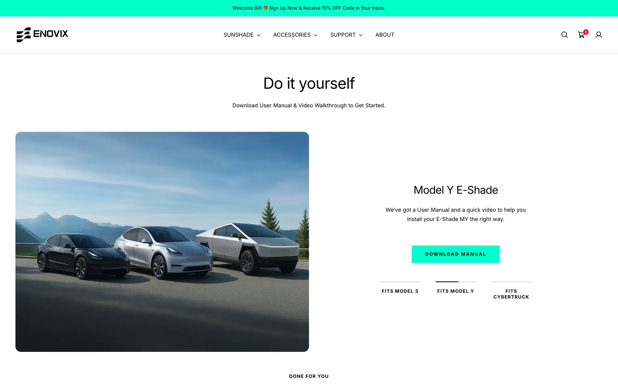 Enovix How to Install page with a do-it-yourself manual download for the Model 3 E-Shade, tabs for Model 3, Model Y and Cybertruck, above a professional installation booking section.