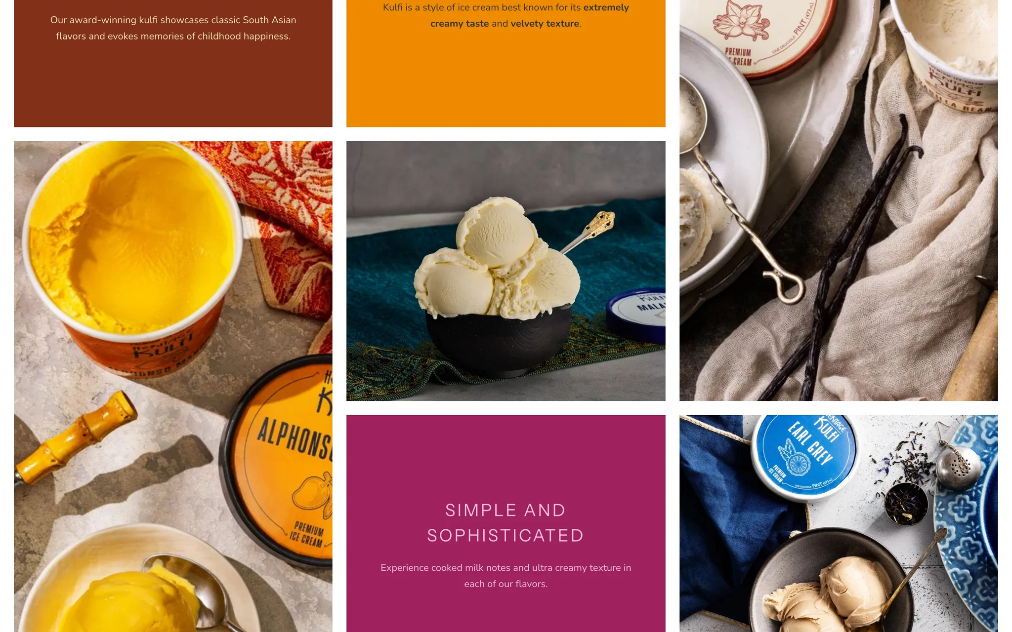 Heritage Kulfi homepage grid mixing brand storytelling panels with food photography of kulfi flavours.