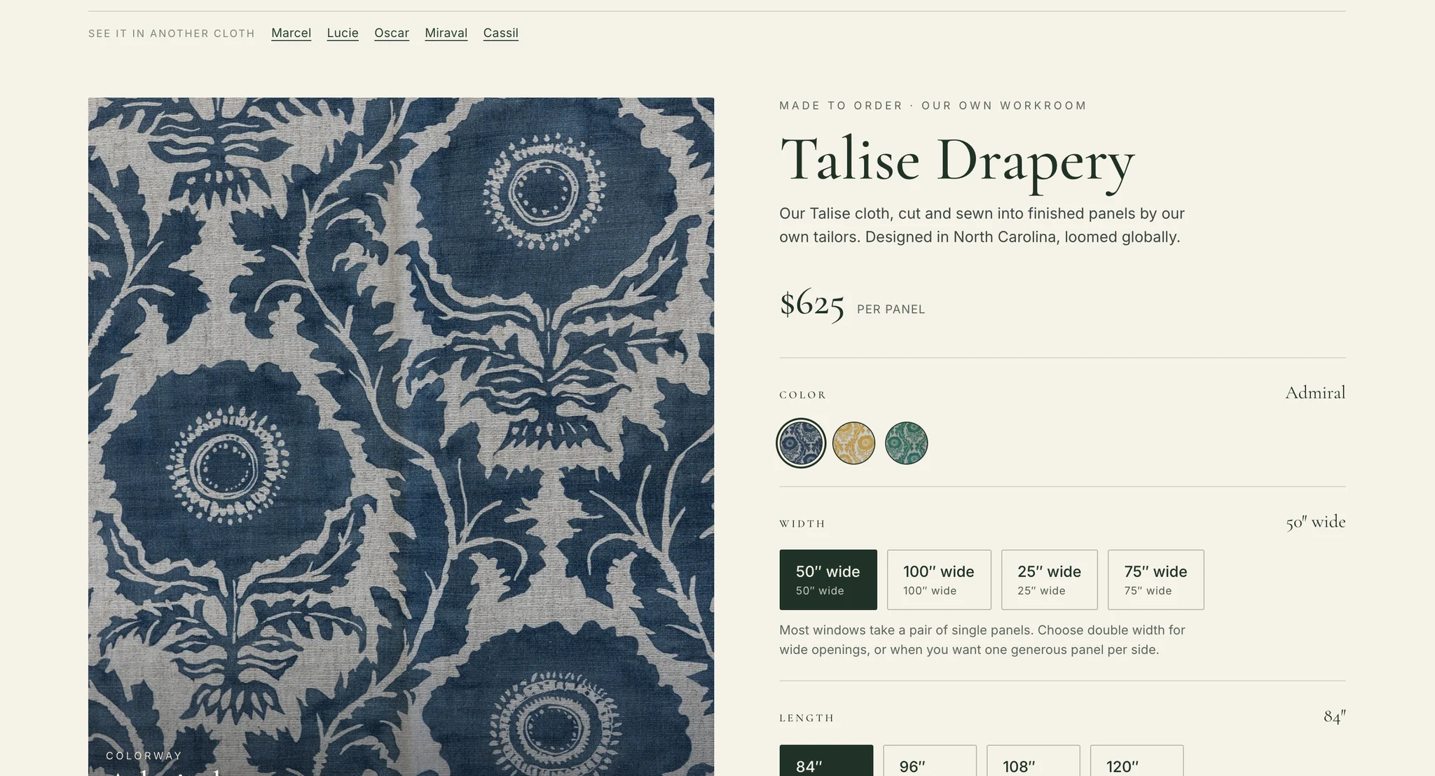 Talise Drapery at $625 per panel with a blue floral fabric image, three colour swatches and width and length buttons