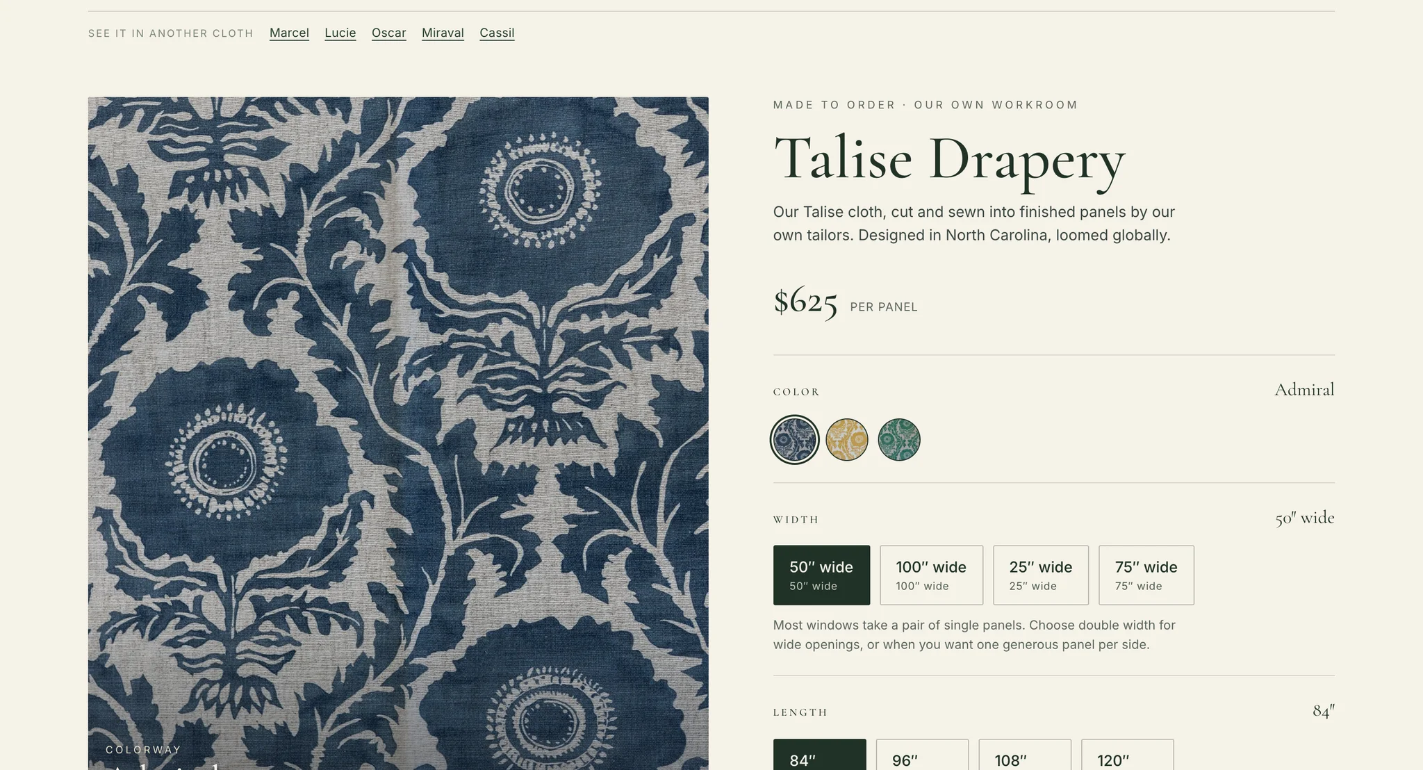 Talise Drapery at $625 per panel with a blue floral fabric image, three colour swatches and width and length buttons