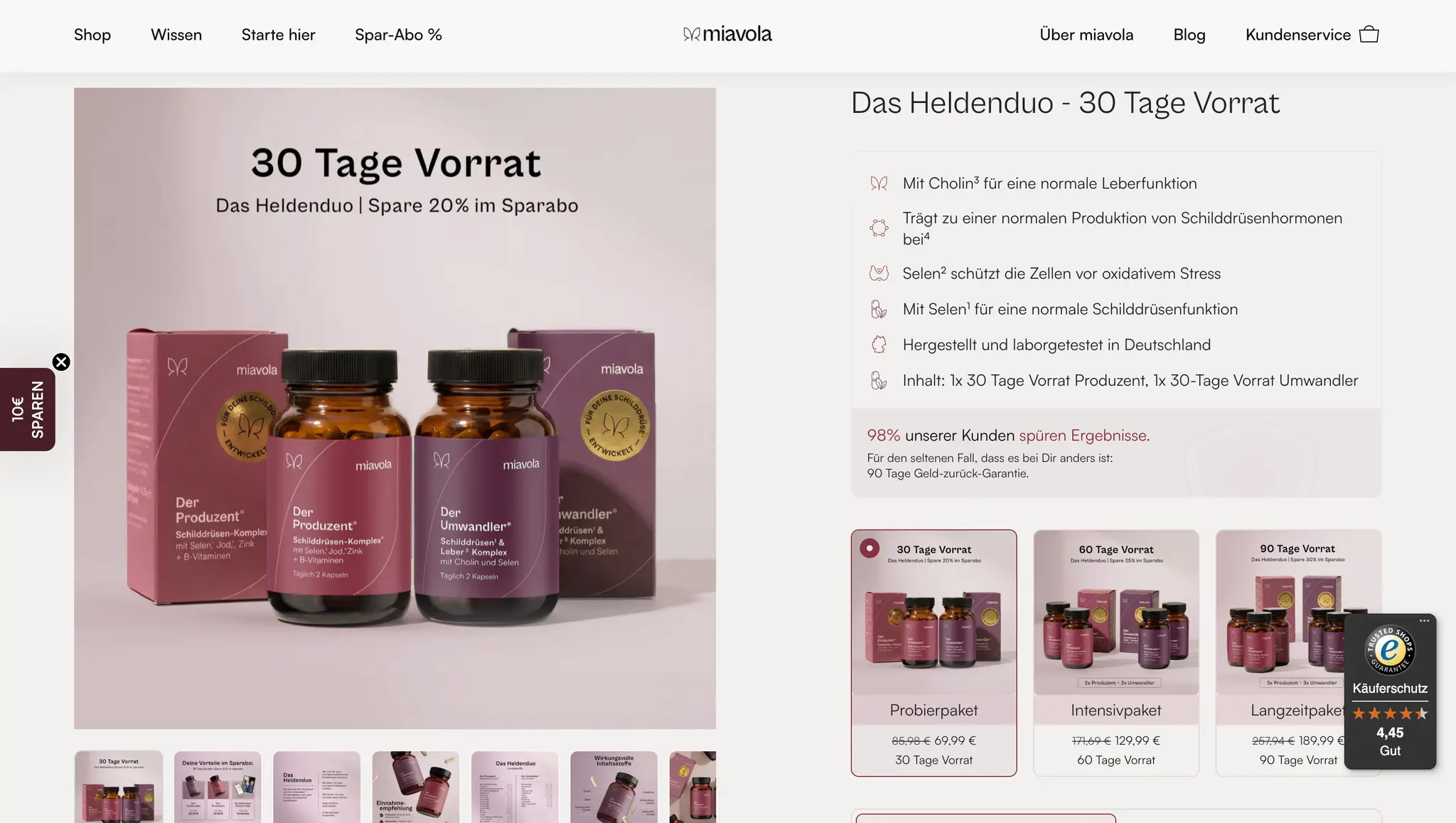 Product page for the miavola Heldenduo 30-day supply, showing ingredient benefits and three subscription bundle tiers.