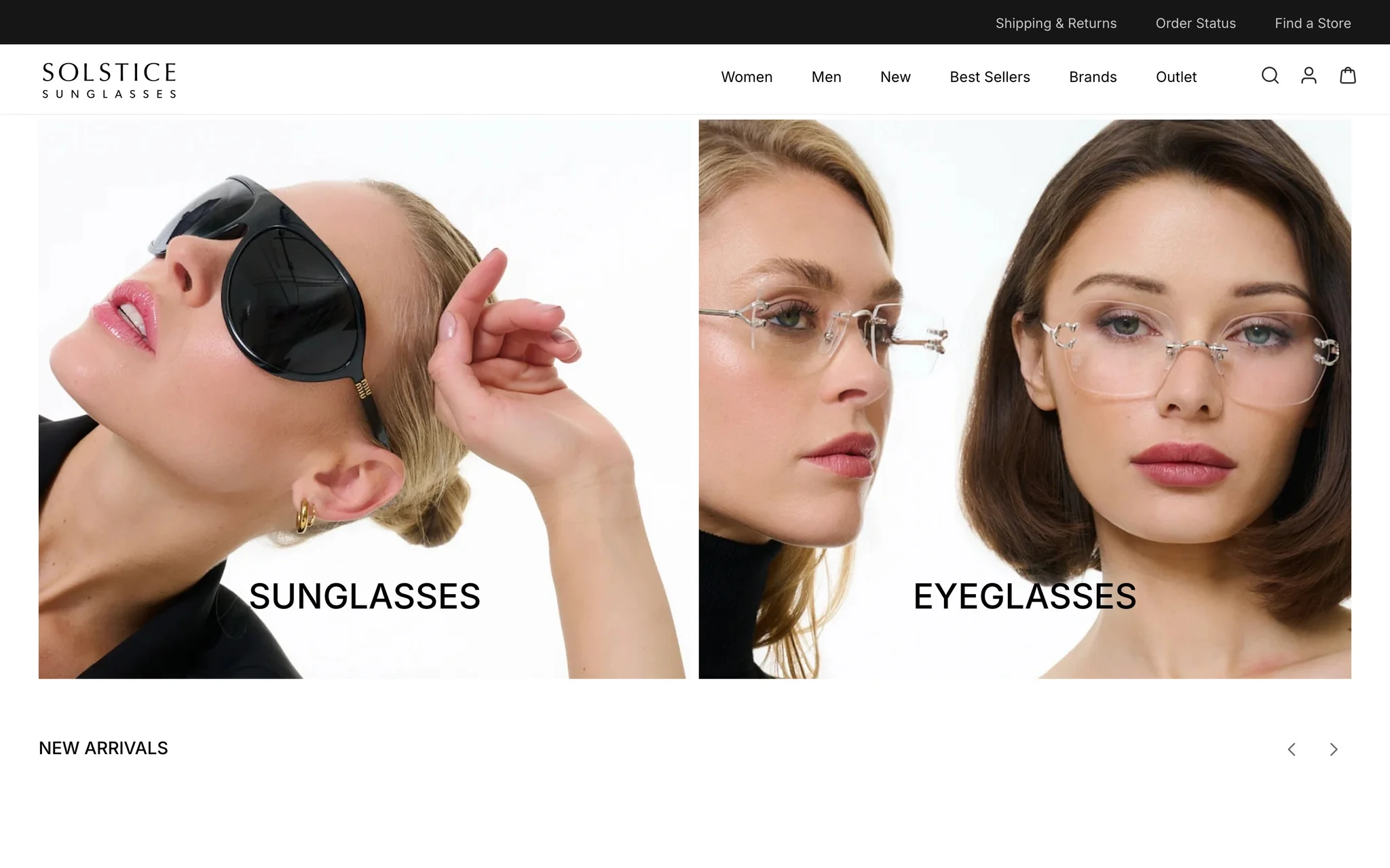 Solstice Sunglasses shop-by-category section with large Sunglasses and Eyeglasses image tiles.