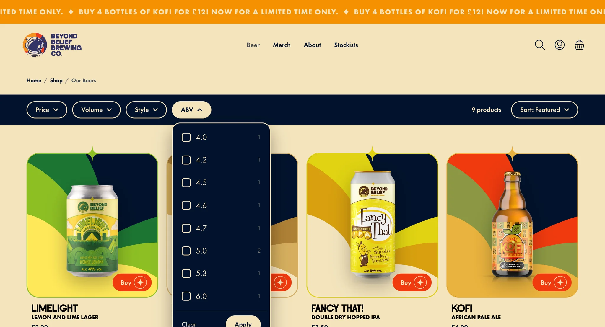 ABV filter open on the beer collection with strengths from 4.0 to 6.0 percent