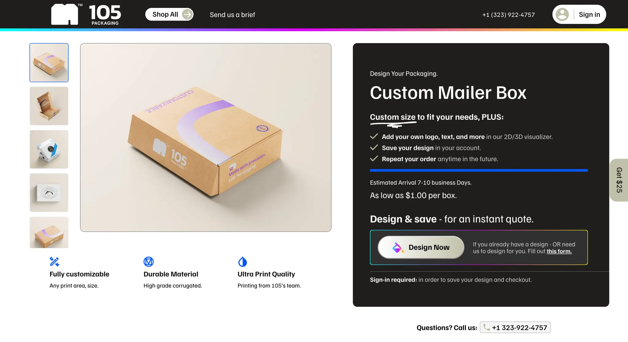 105 Packaging product page with box specifications and configuration options