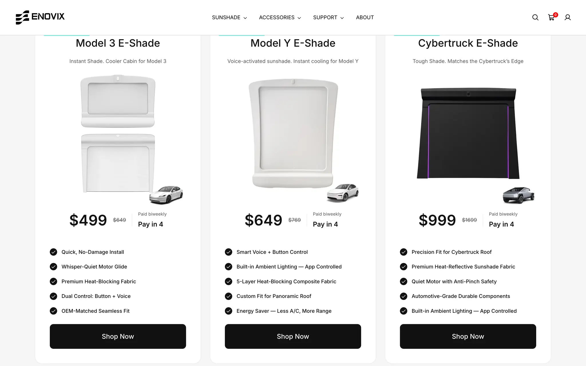 Enovix homepage comparison of the Model 3, Model Y and Cybertruck E-Shades, each with price, a Pay in 4 option, a five-point feature list and a Shop Now button.