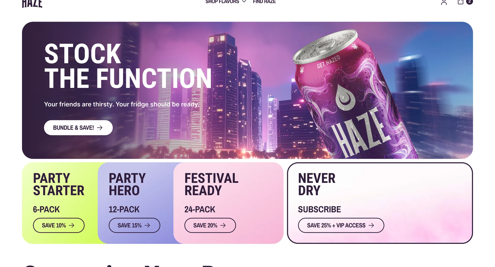 Bundle and Save page hero with a HAZE can over a night city skyline and the four bundle tiers below it