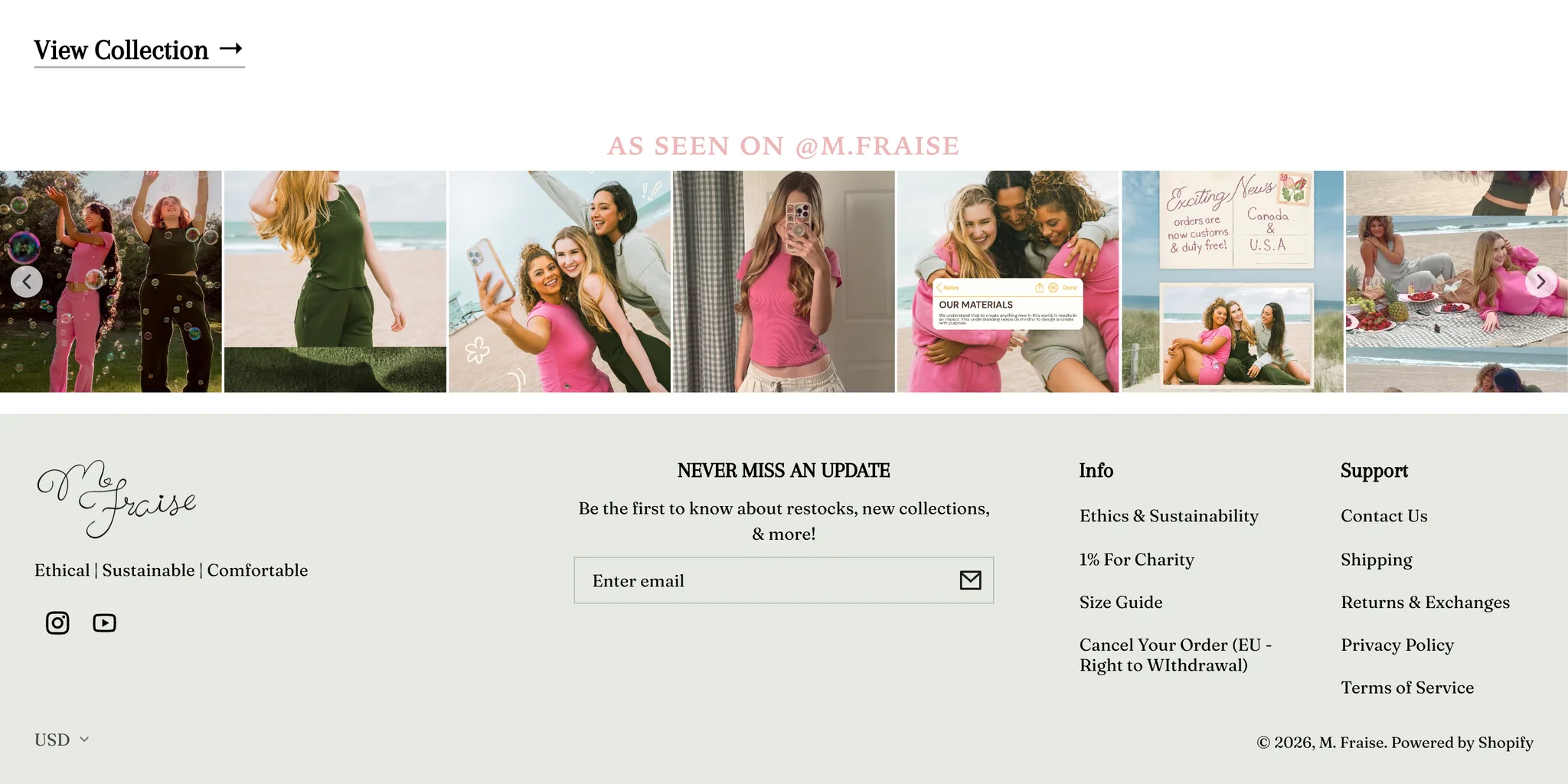 "AS SEEN ON @M.FRAISE" Instagram feed carousel of models in the pink and green pieces, above a pale sage footer with the script logo, Instagram and YouTube icons and a "NEVER MISS AN UPDATE" sign-up for restocks and new collections