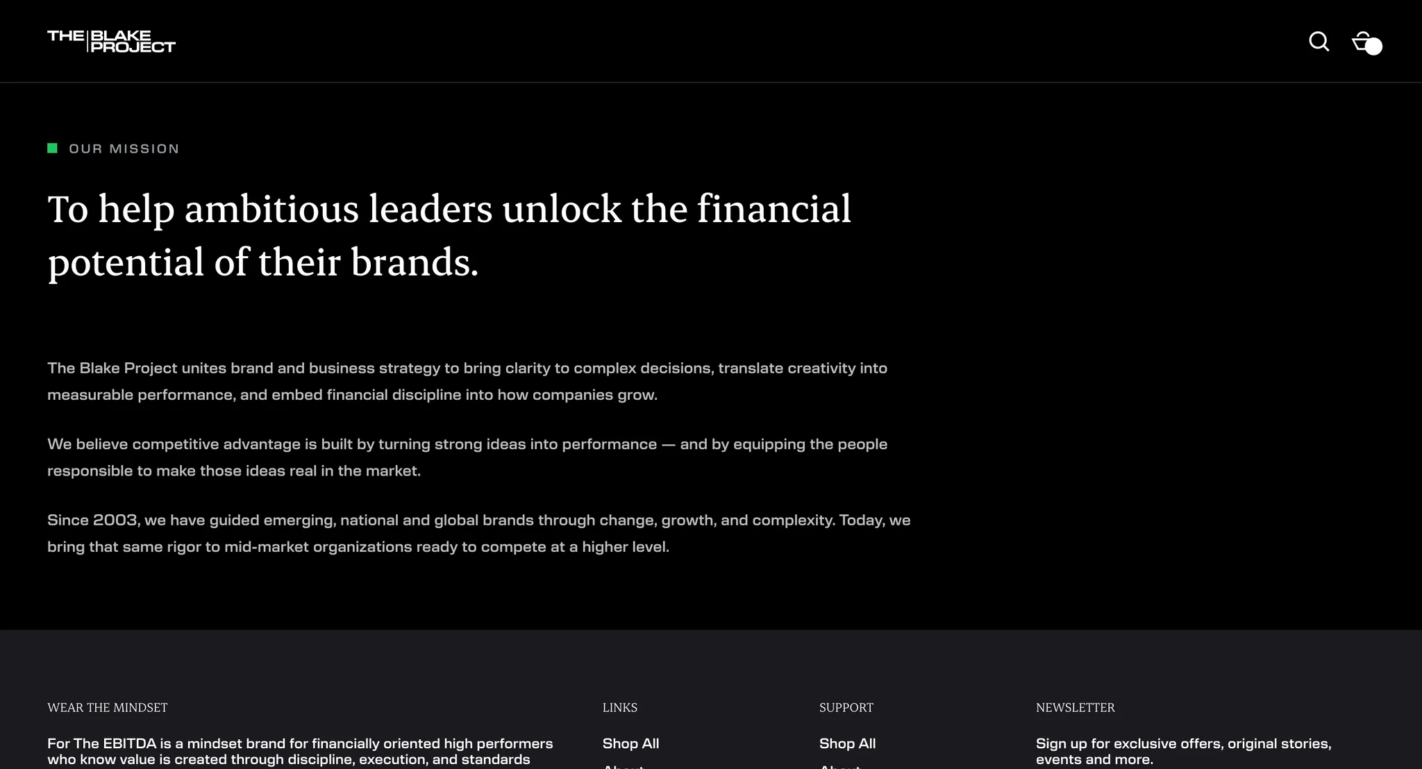 About page mission statement in white on black: "To help ambitious leaders unlock the financial potential of their brands."