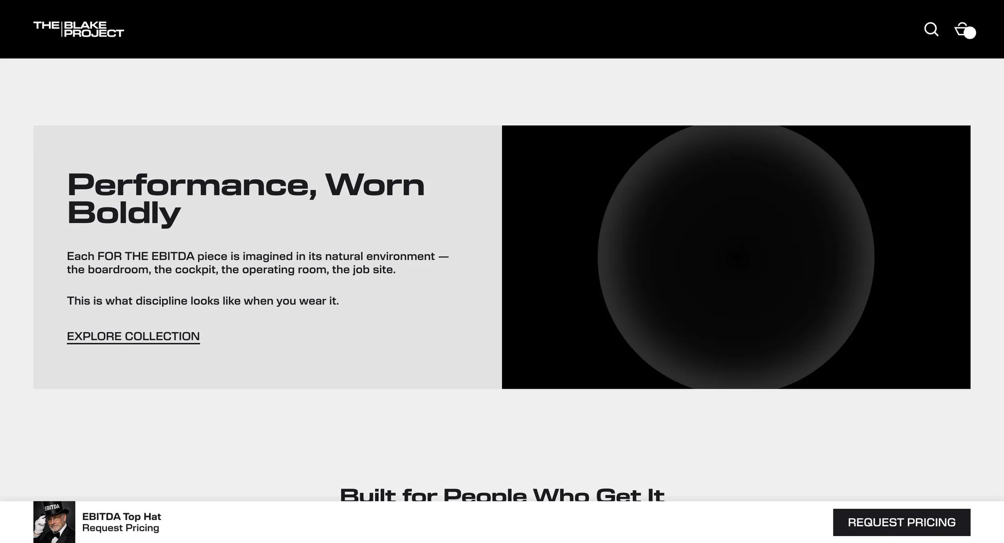 "Performance, Worn Boldly" section with the sticky bar for the EBITDA Top Hat showing a Request Pricing button