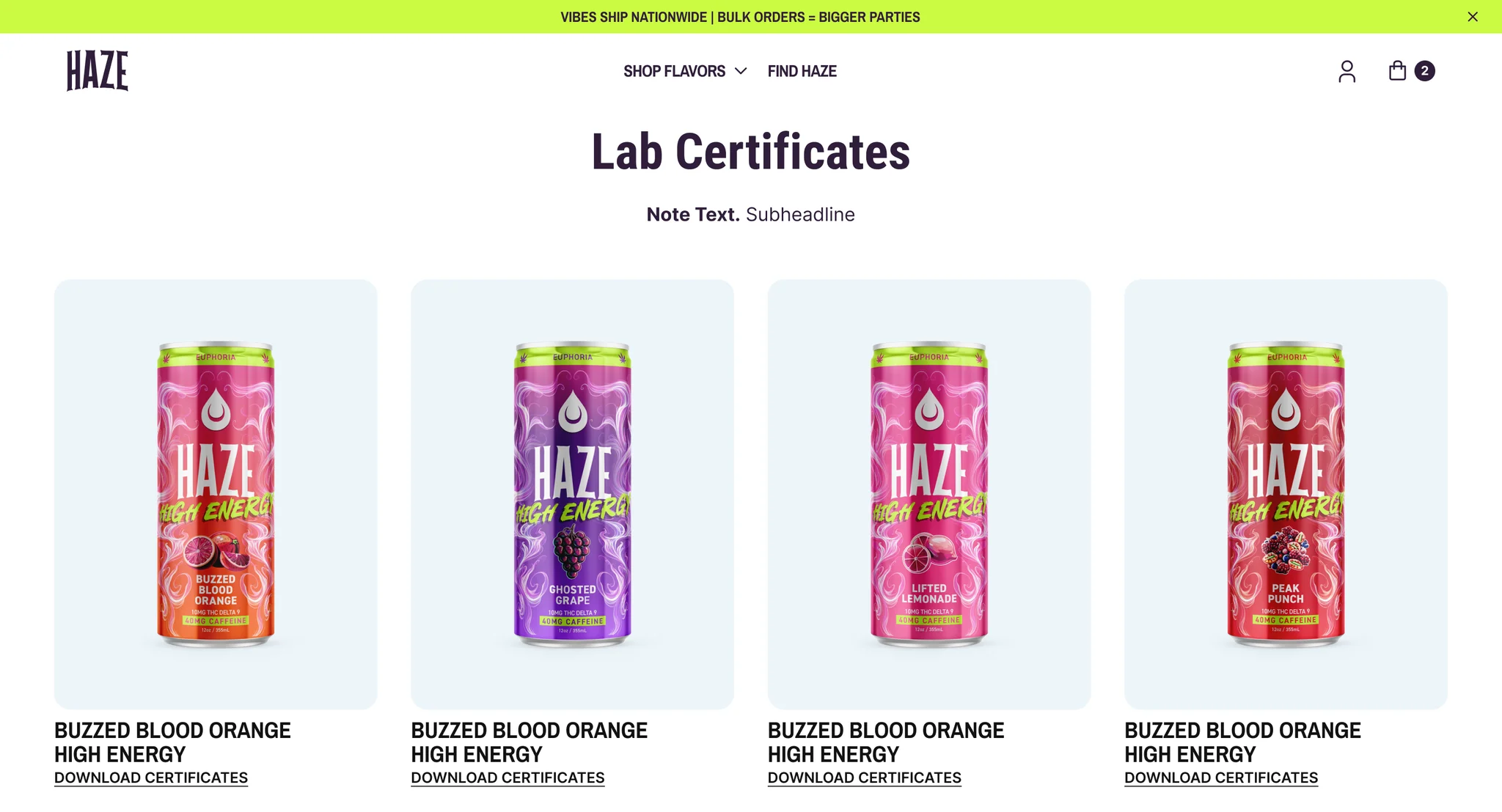 Lab Certificates page with a card for each flavour and a download certificates link