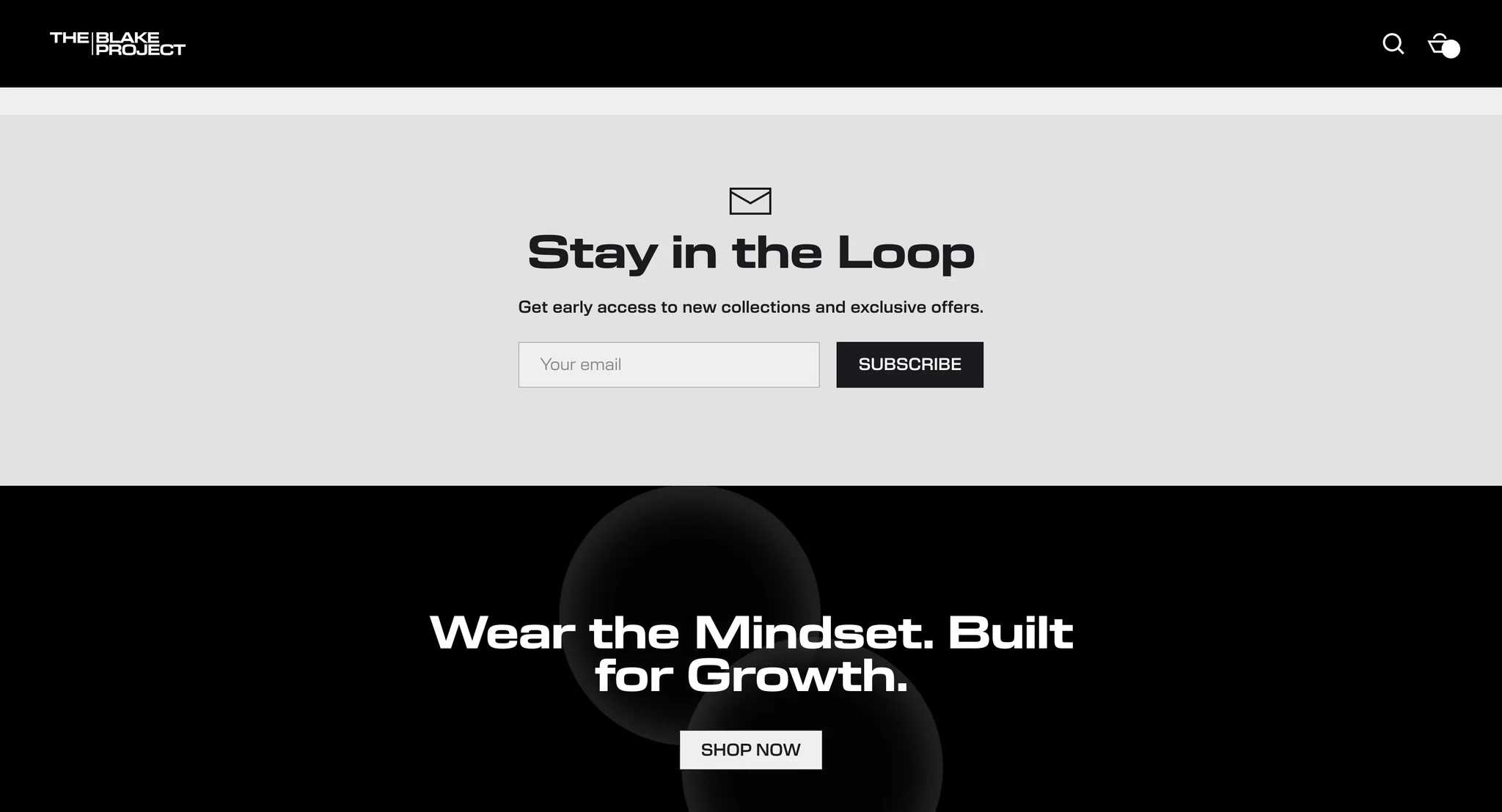 "Stay in the Loop" newsletter sign-up above a black "Wear the Mindset. Built for Growth." banner with a Shop Now button