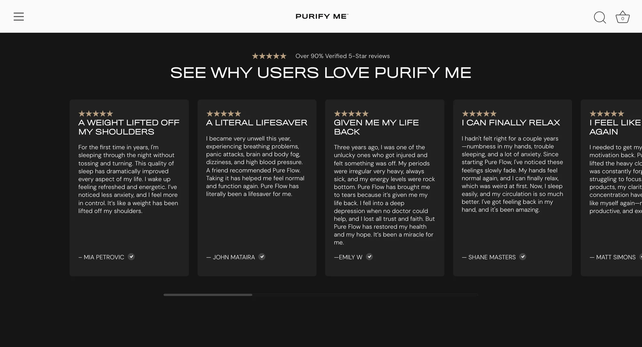 "See why users love Purify Me" section on a dark background with a row of five star customer reviews