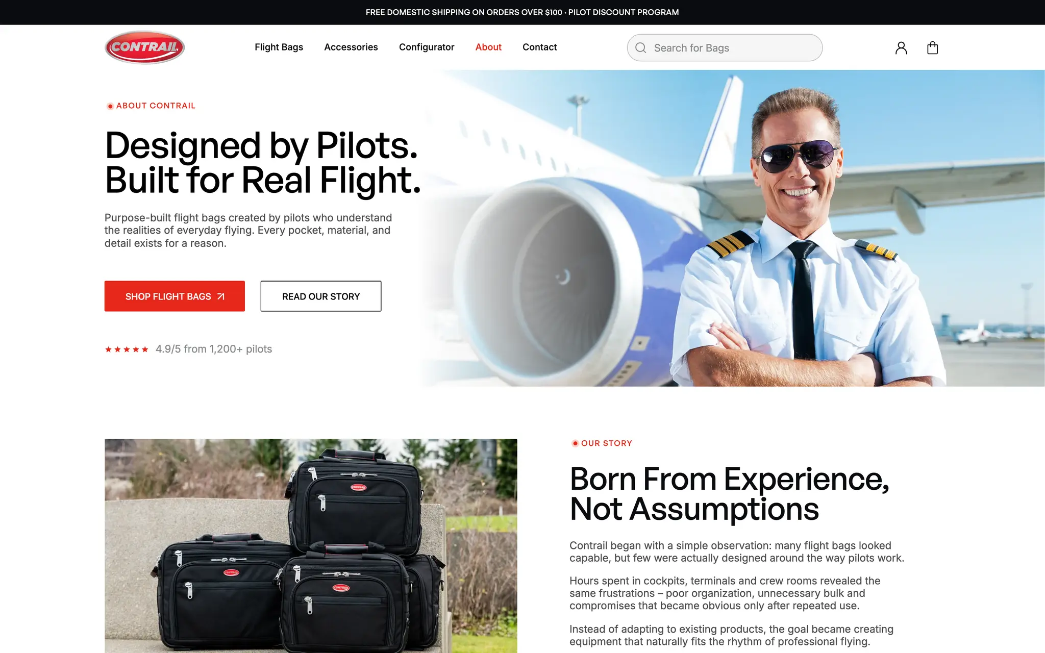 About page hero, "Designed by Pilots. Built for Real Flight.", with a pilot standing in front of an airliner engine.