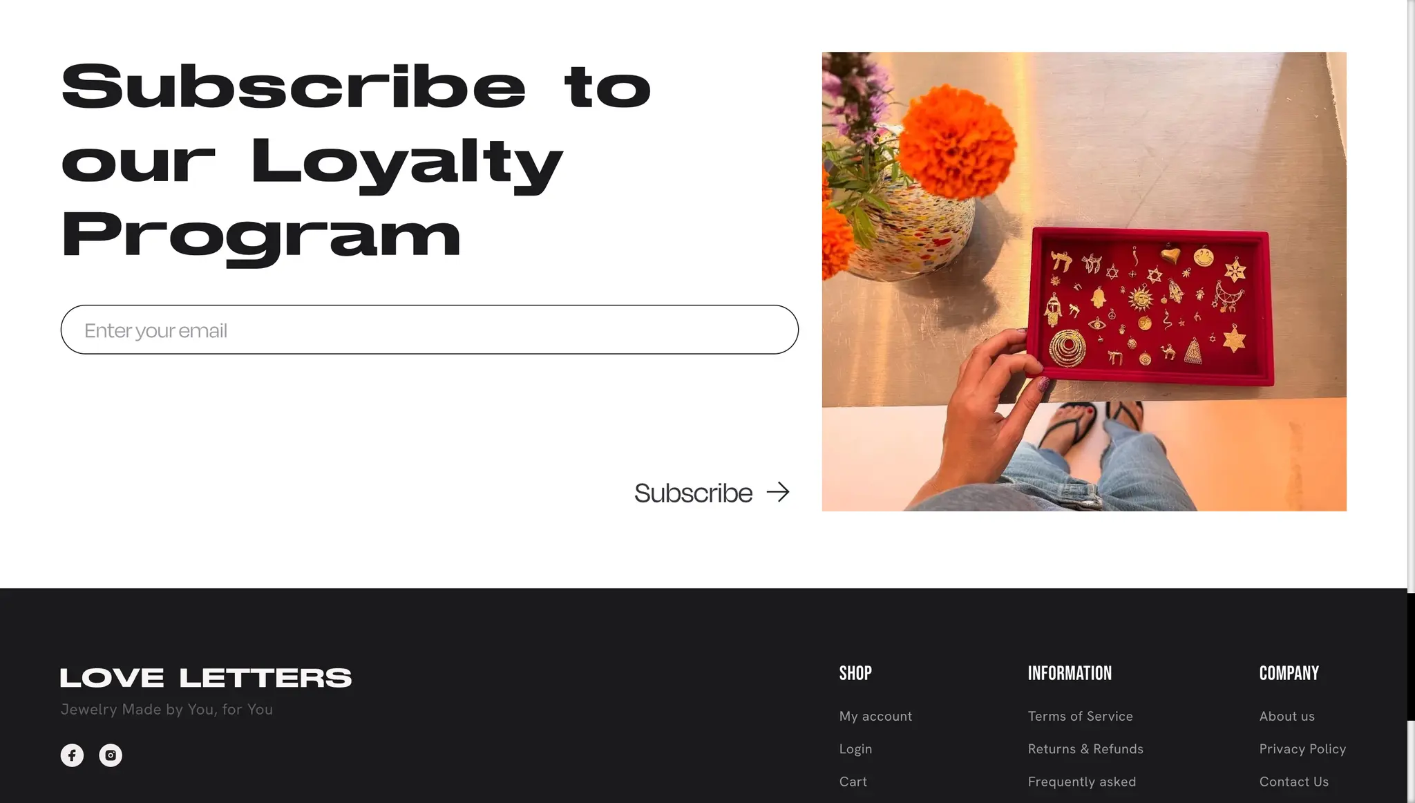 Customer reviews and social proof section on the Love Letters Shopify store