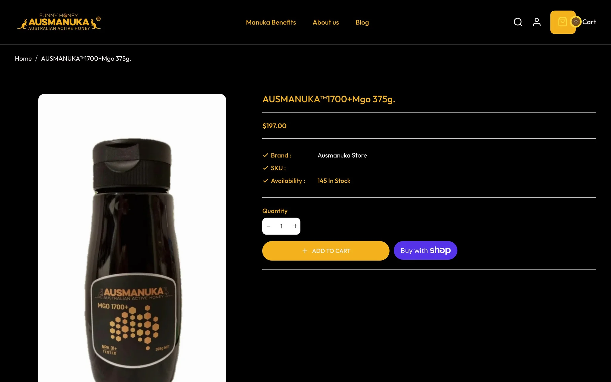 Ausmanuka product page for 1700+ MGO 375 g Manuka honey showing price, stock count, quantity and Add to Cart.
