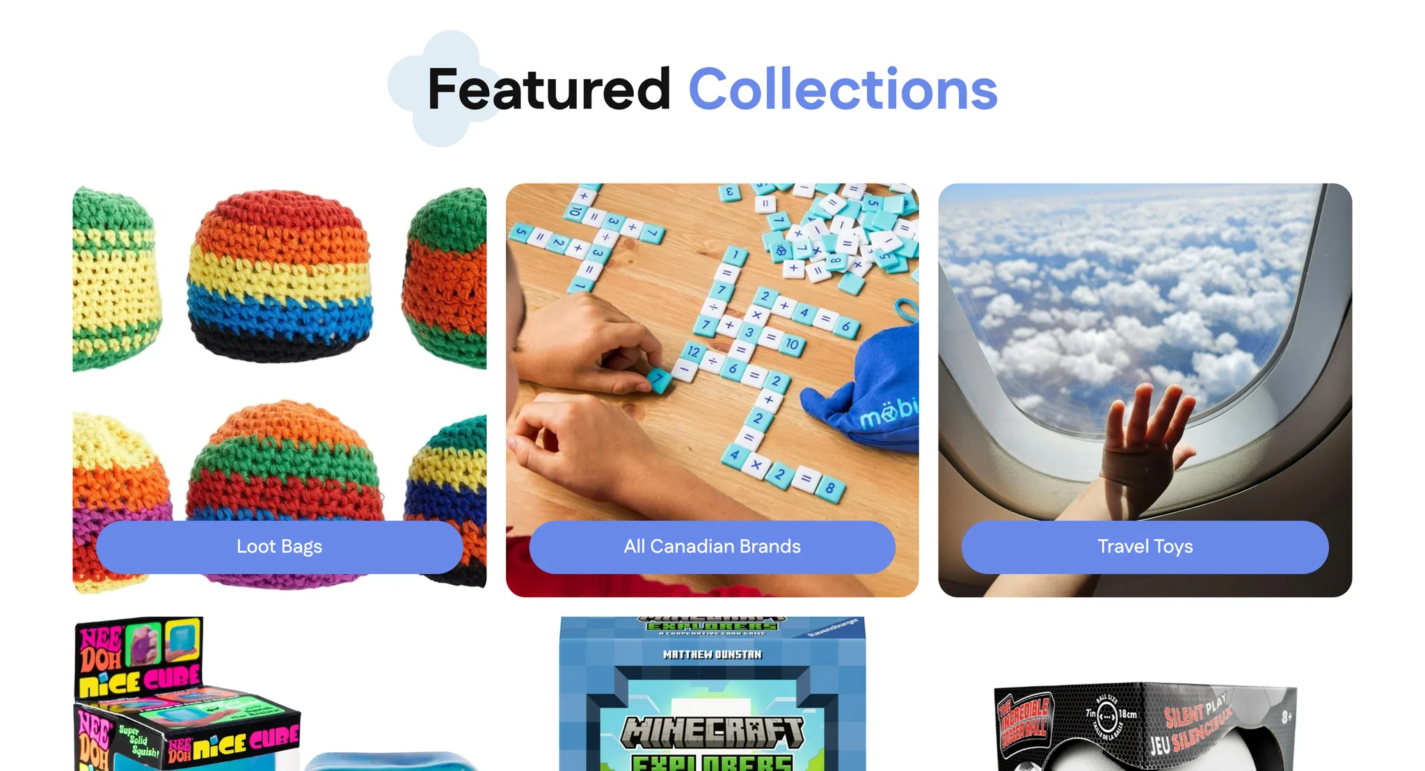 Featured Collections heading over a pale blue cloud and three photo tiles with periwinkle pill buttons for Loot Bags, All Canadian Brands and Travel Toys, showing crocheted hacky sacks, a maths tile game and a child's hand at a plane window