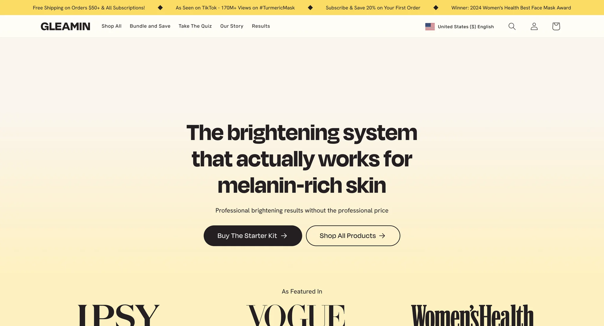 Second Gleamin homepage hero with the headline "The brightening system that actually works for melanin-rich skin" and Buy The Starter Kit and Shop All Products buttons