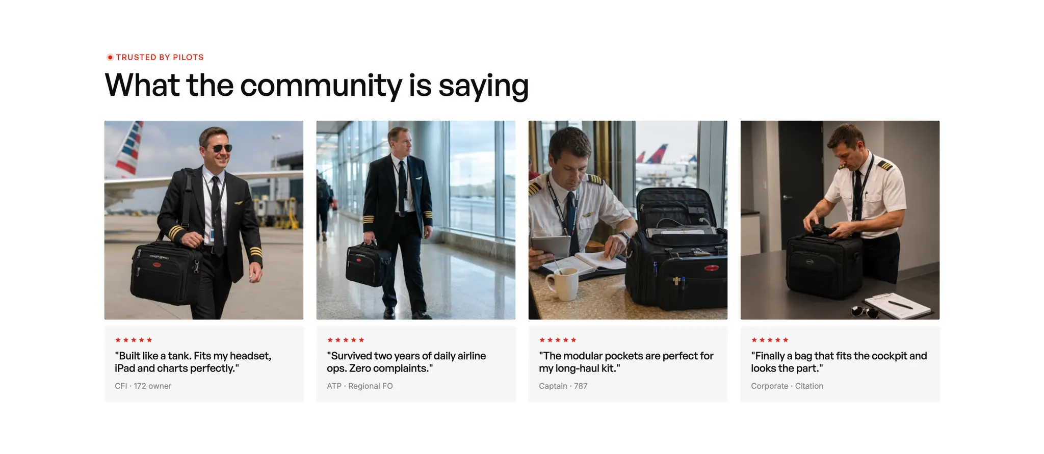 "What the community is saying" section with photos of pilots carrying Contrail flight bags and their five-star reviews.