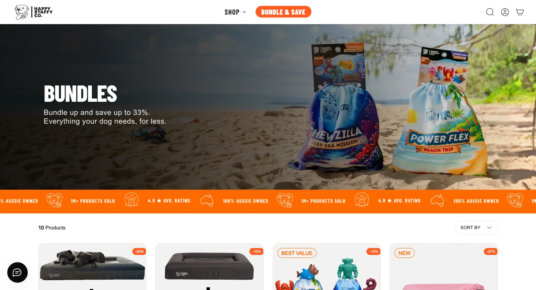 Bundles collection page with the line "Bundle up and save up to 33%" over a beach photo of Chewzilla and PowerFlex toy bags