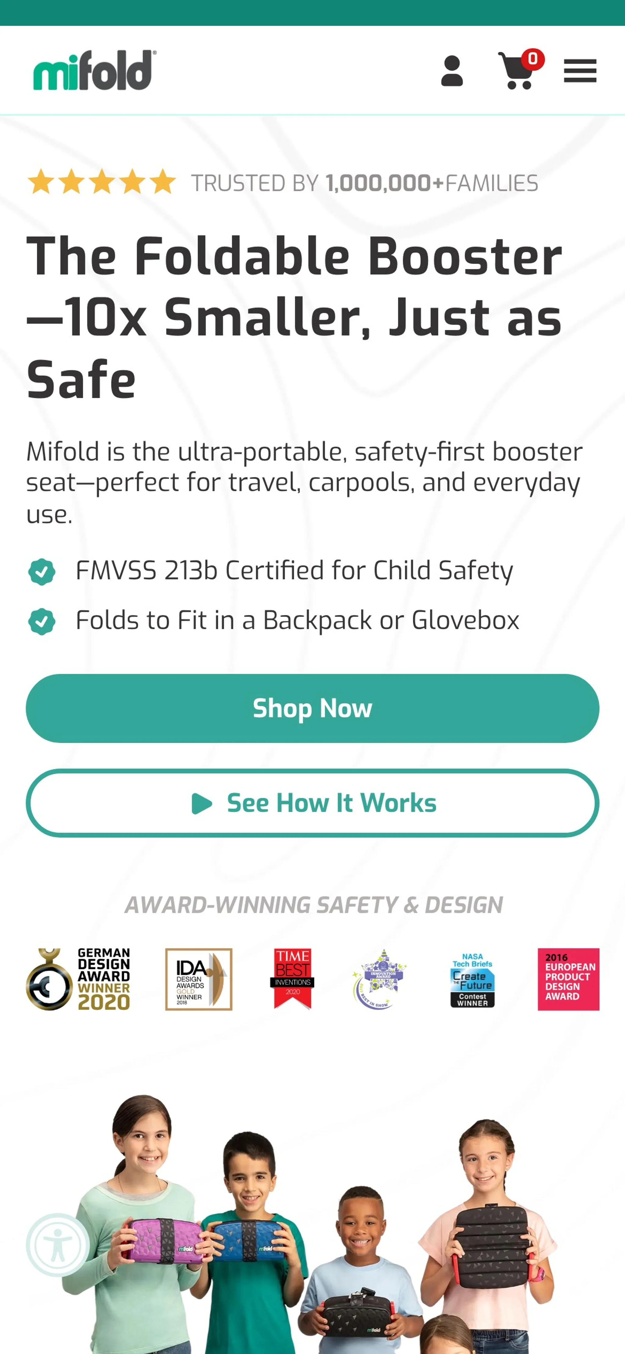 Mifold homepage on mobile with the foldable booster headline, safety points, full-width Shop Now button and award badges.