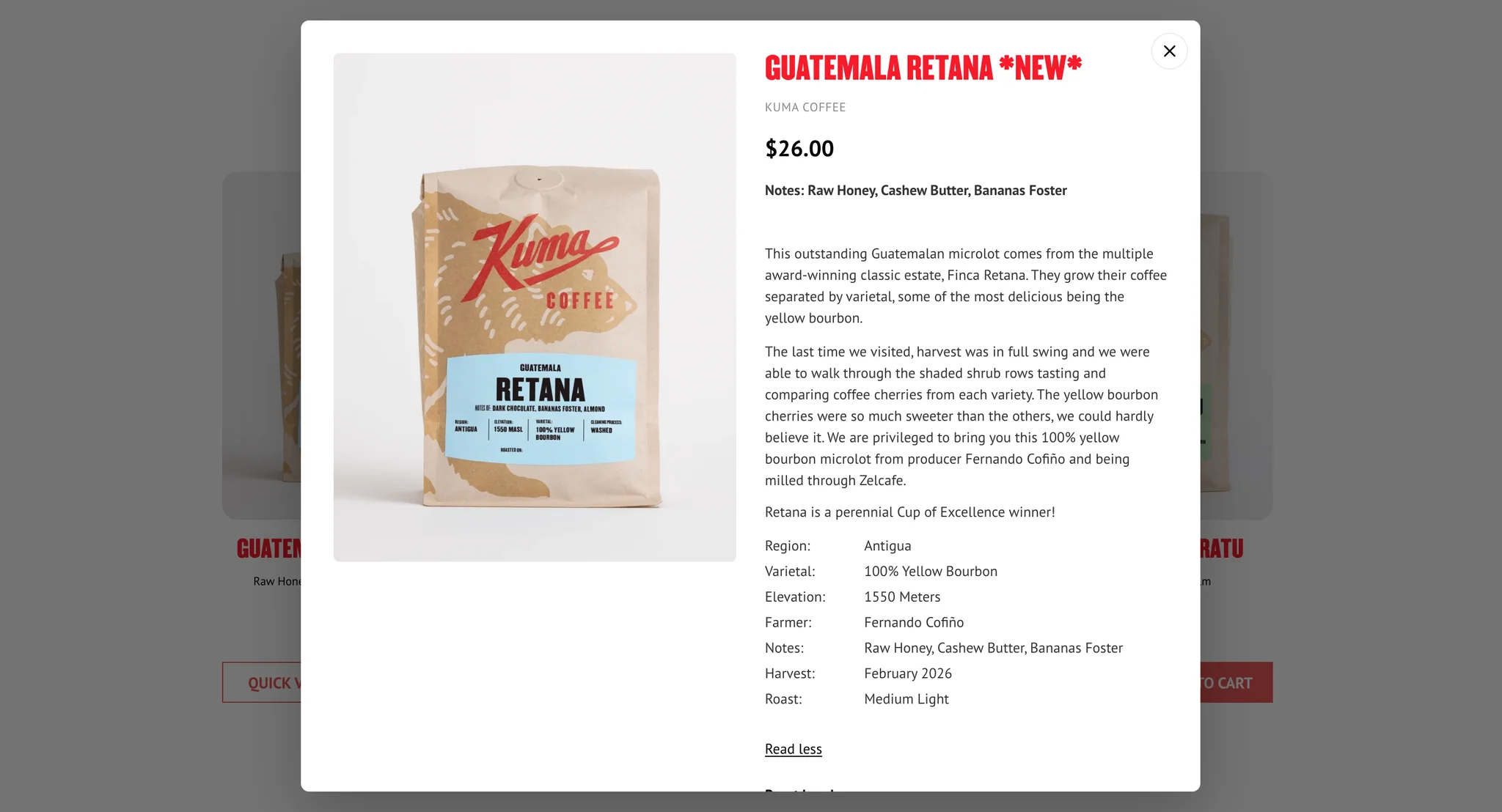 The Guatemala Retana quick view after Read more, showing the full lot story and a details list for region, varietal, elevation, farmer, notes, harvest and roast, with a Read less link