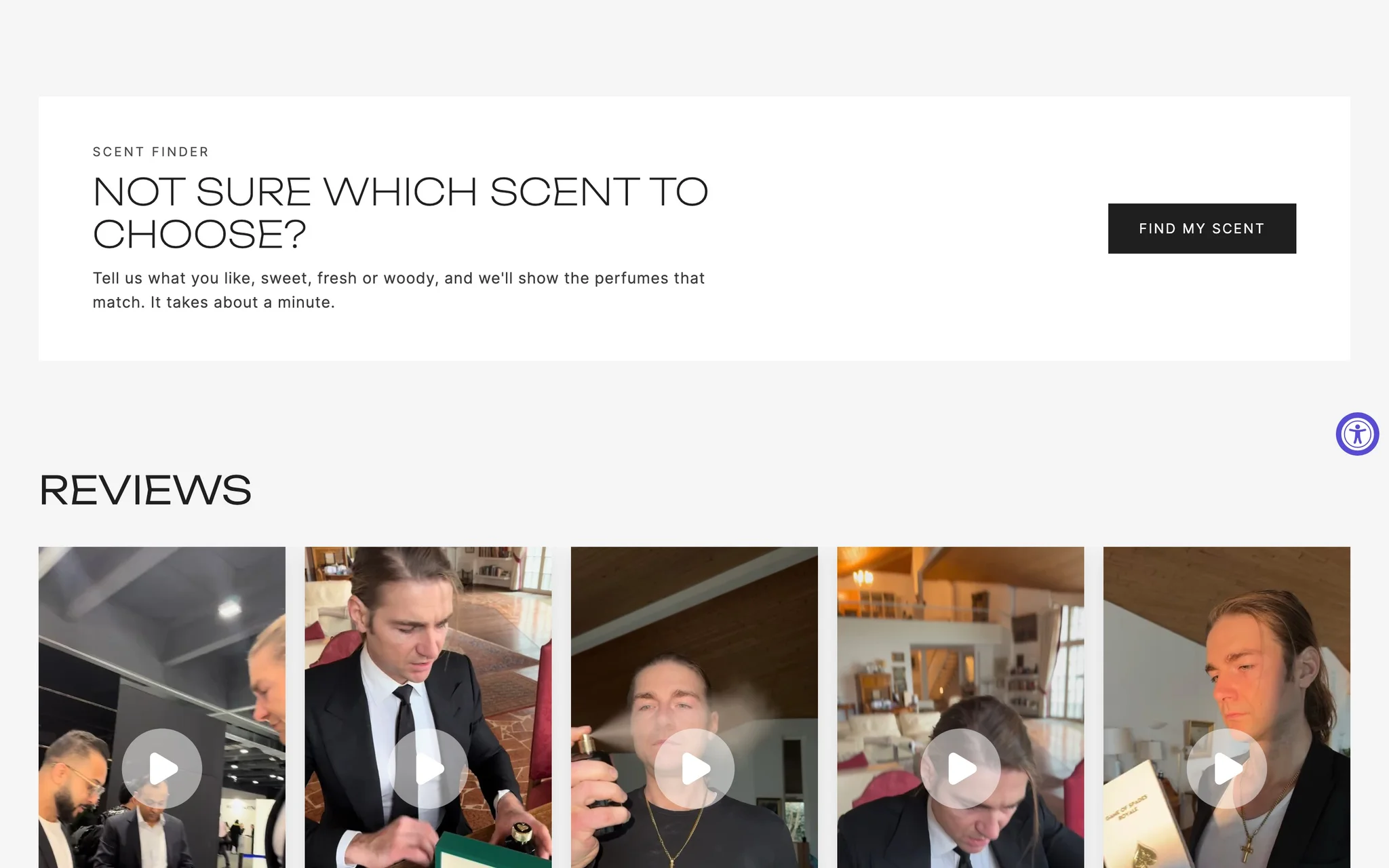 Jo Milano Paris homepage scent finder banner with a Find My Scent button above a row of video reviews.