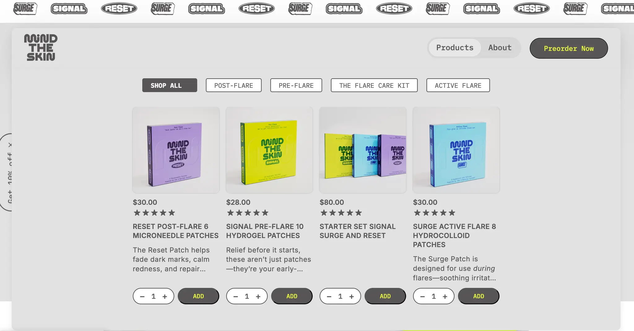 Mind The Skin collection page with Shop All, Post-Flare, Pre-Flare, Flare Care Kit and Active Flare filters above four patch products with prices, ratings and quantity steppers.