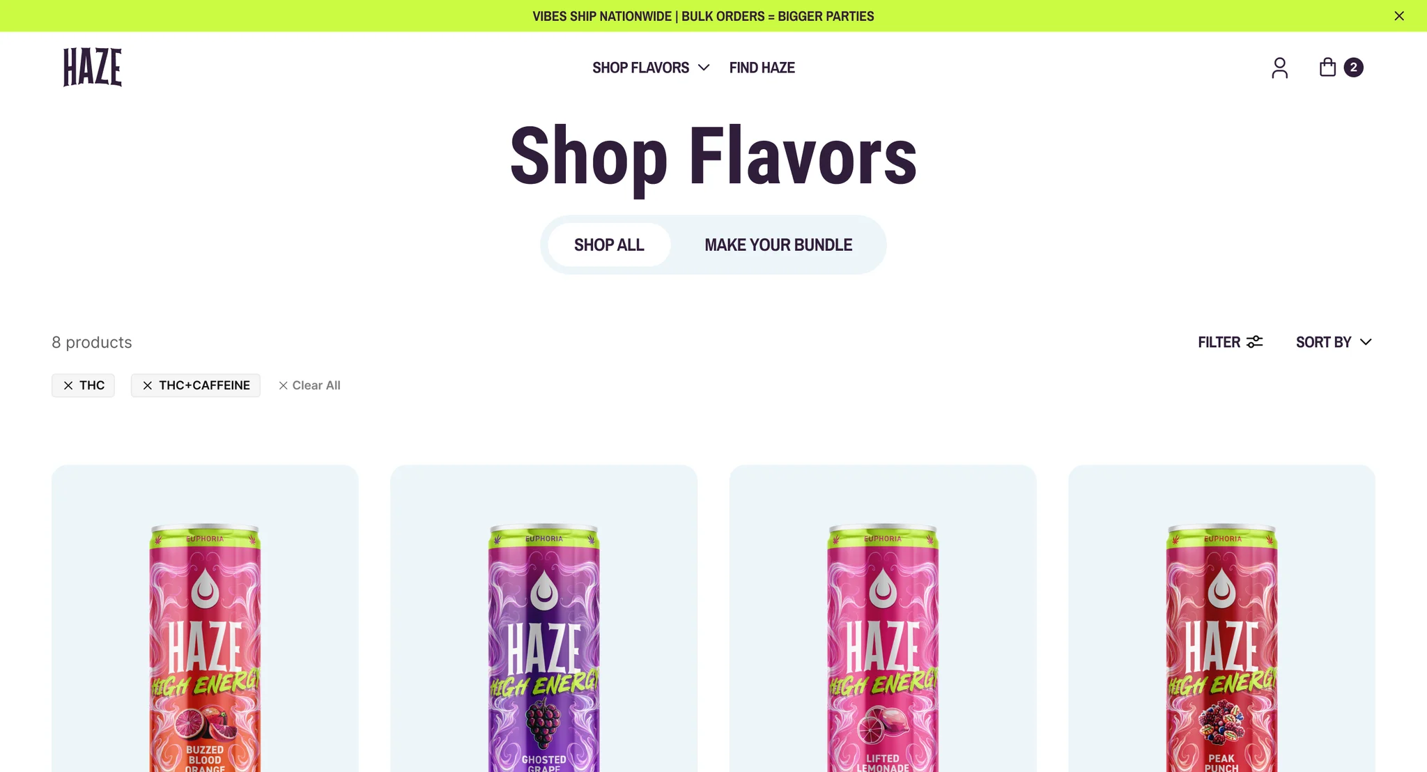 Shop Flavors page with Shop all and Make your bundle tabs, filters and a grid of HAZE cans with quantity steppers and add to cart buttons
