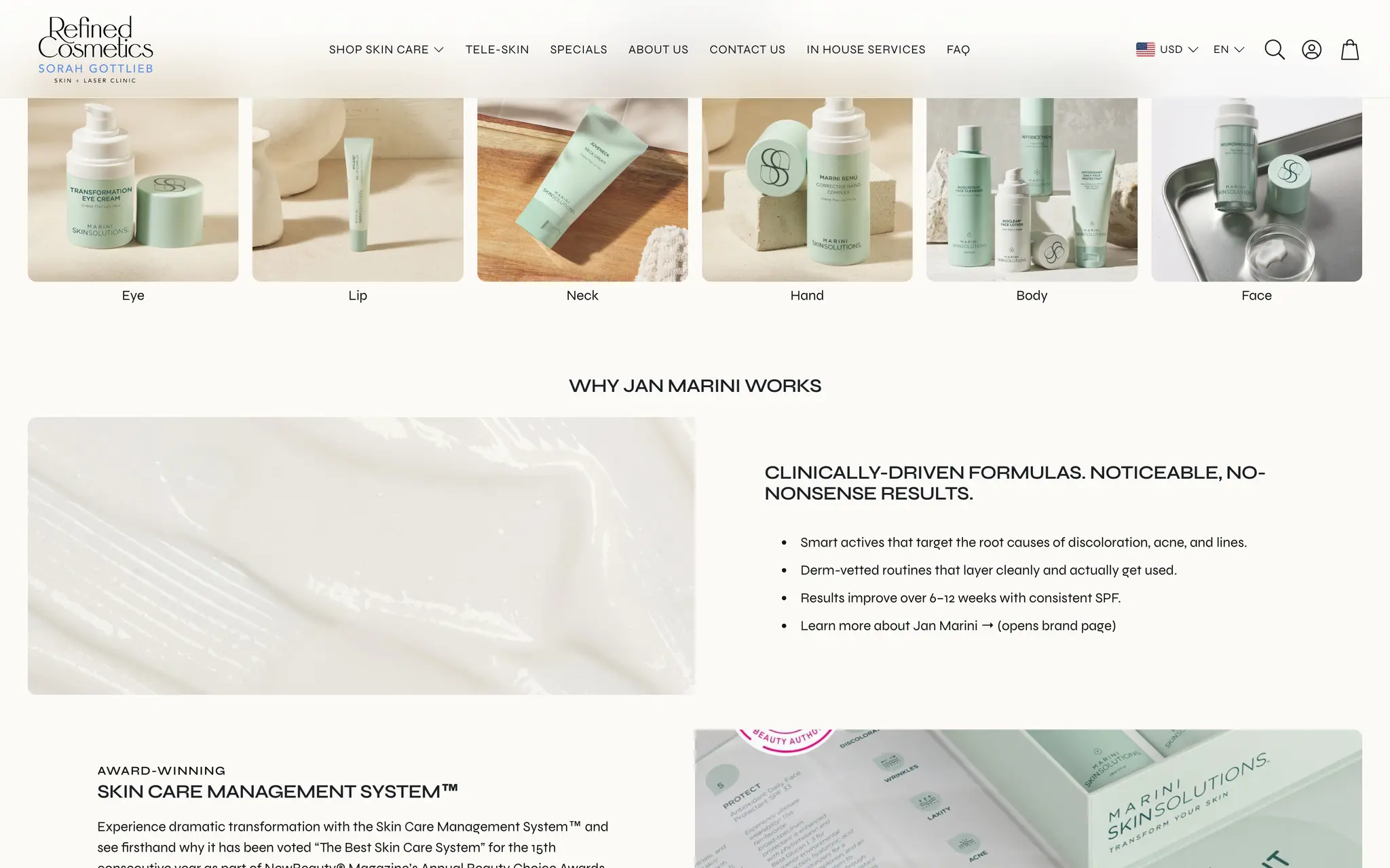 “Shop by area” navigation on Refined Cosmetics with tiles for eye, lip, neck, hand, body and face collections, above a “Why Jan Marini works” panel of clinical claims.
