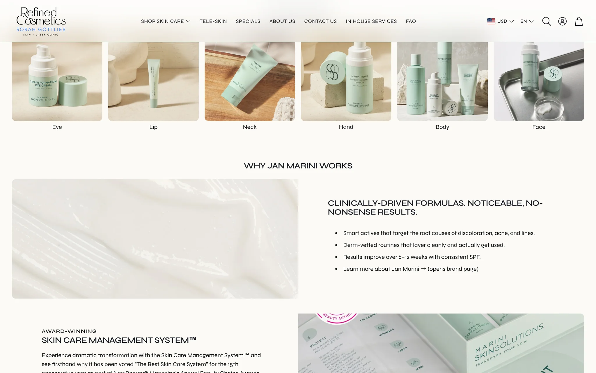“Shop by area” navigation on Refined Cosmetics with tiles for eye, lip, neck, hand, body and face collections, above a “Why Jan Marini works” panel of clinical claims.